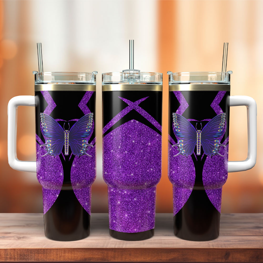 Purple Butterfly Artwork Custom Stanley Quencher 40oz Stainless Steel Tumbler With Handle