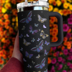 Purple Butterfly Custom Stanley Quencher 40oz Stainless Steel Tumbler With Handle