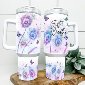 Purple Dandelions and Butterflies Custom Stanley Quencher 40oz Stainless Steel Tumbler With Handle