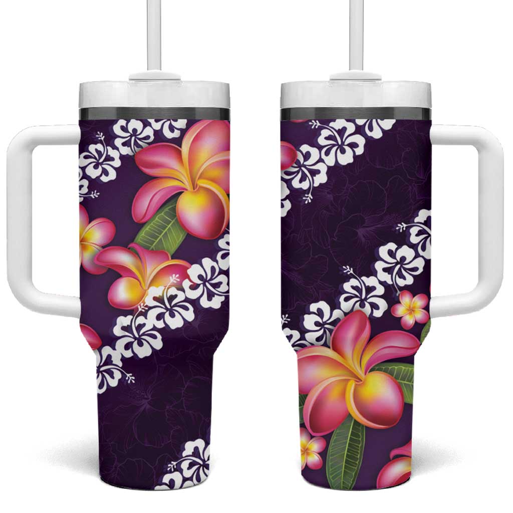 Purple Polynesia Plumeria With Hibiscus Tropical Custom Stanley Quencher 40oz Stainless Steel Tumbler With Handle