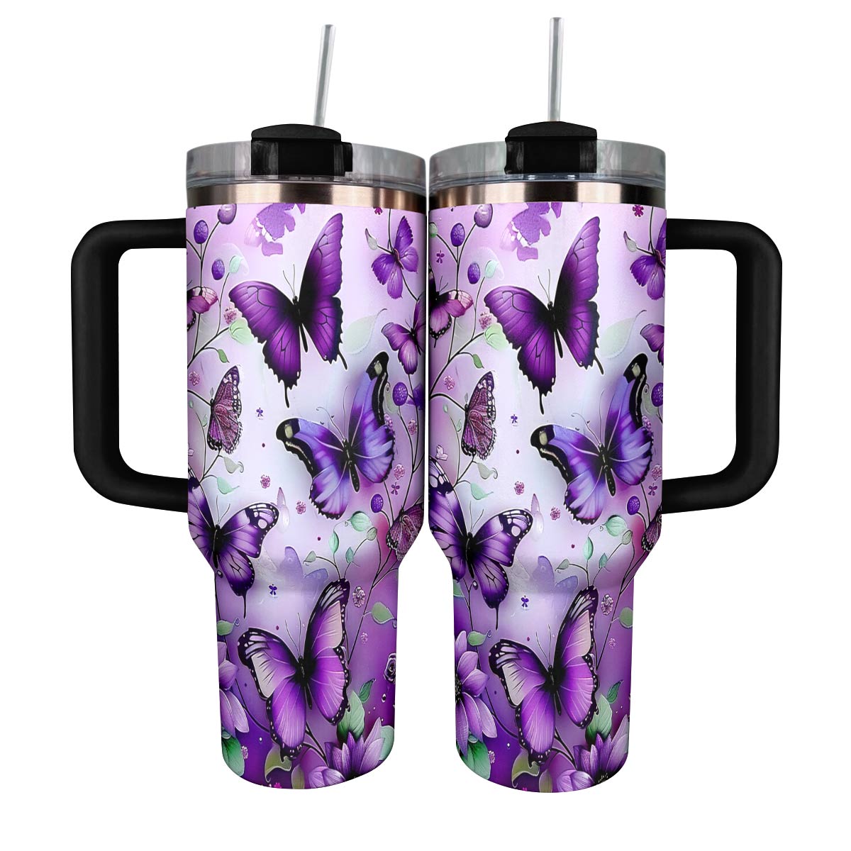 Purple Splendid Butterflies Custom Stanley Quencher 40oz Stainless Steel Tumbler With Handle