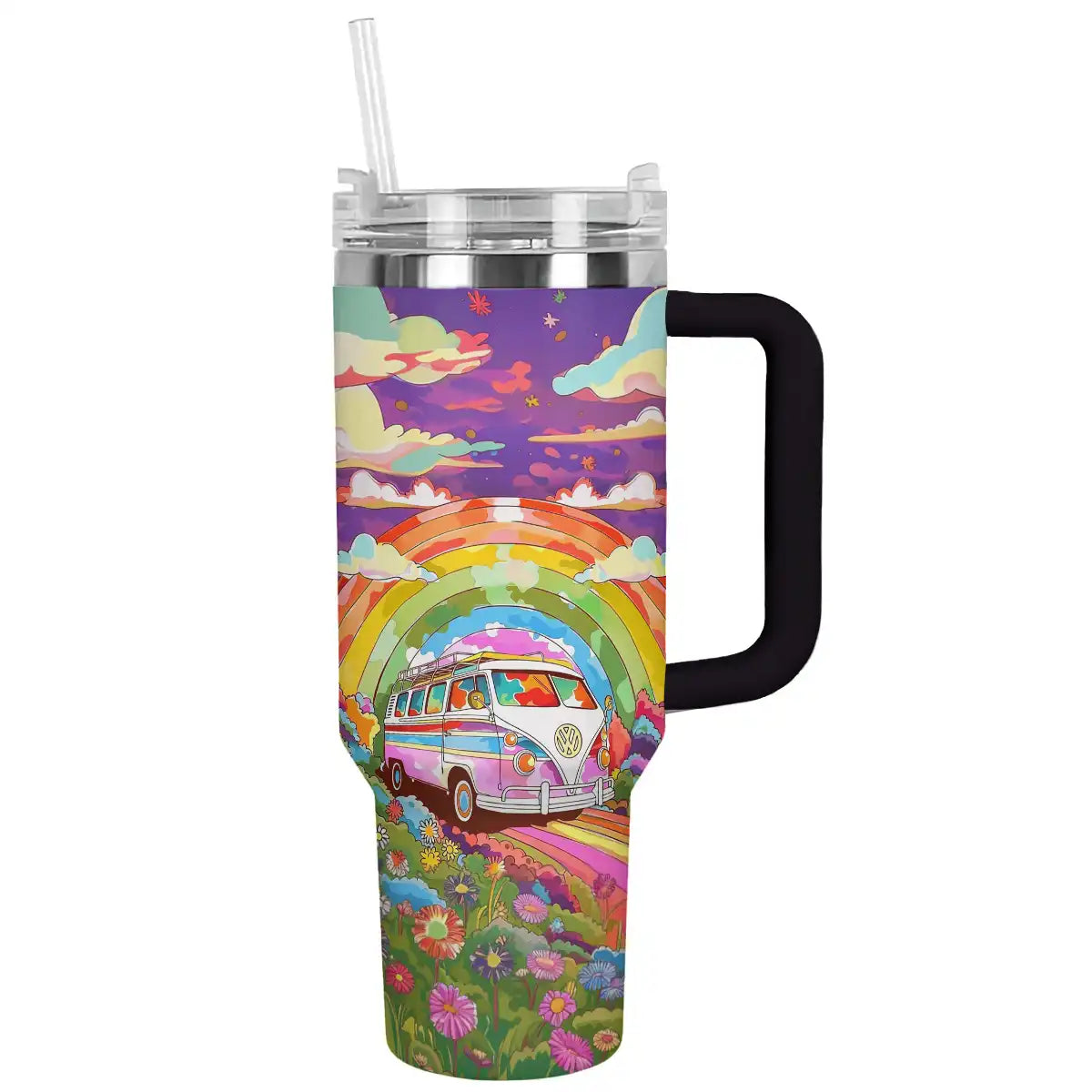 Rainbow Hippie Van Custom Stanley Quencher 40oz Stainless Steel Tumbler With Handle