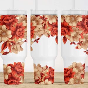 Red and Orange Flowers Custom Stanley Quencher 40oz Stainless Steel Tumbler With Handle