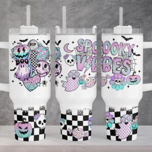 Retro Halloween Spooky Vibes Custom Stanley Quencher 40oz Stainless Steel Tumbler With Handle