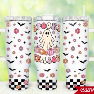 Retro Spooky Season Custom Stanley Quencher 40oz Stainless Steel Tumbler With Handle