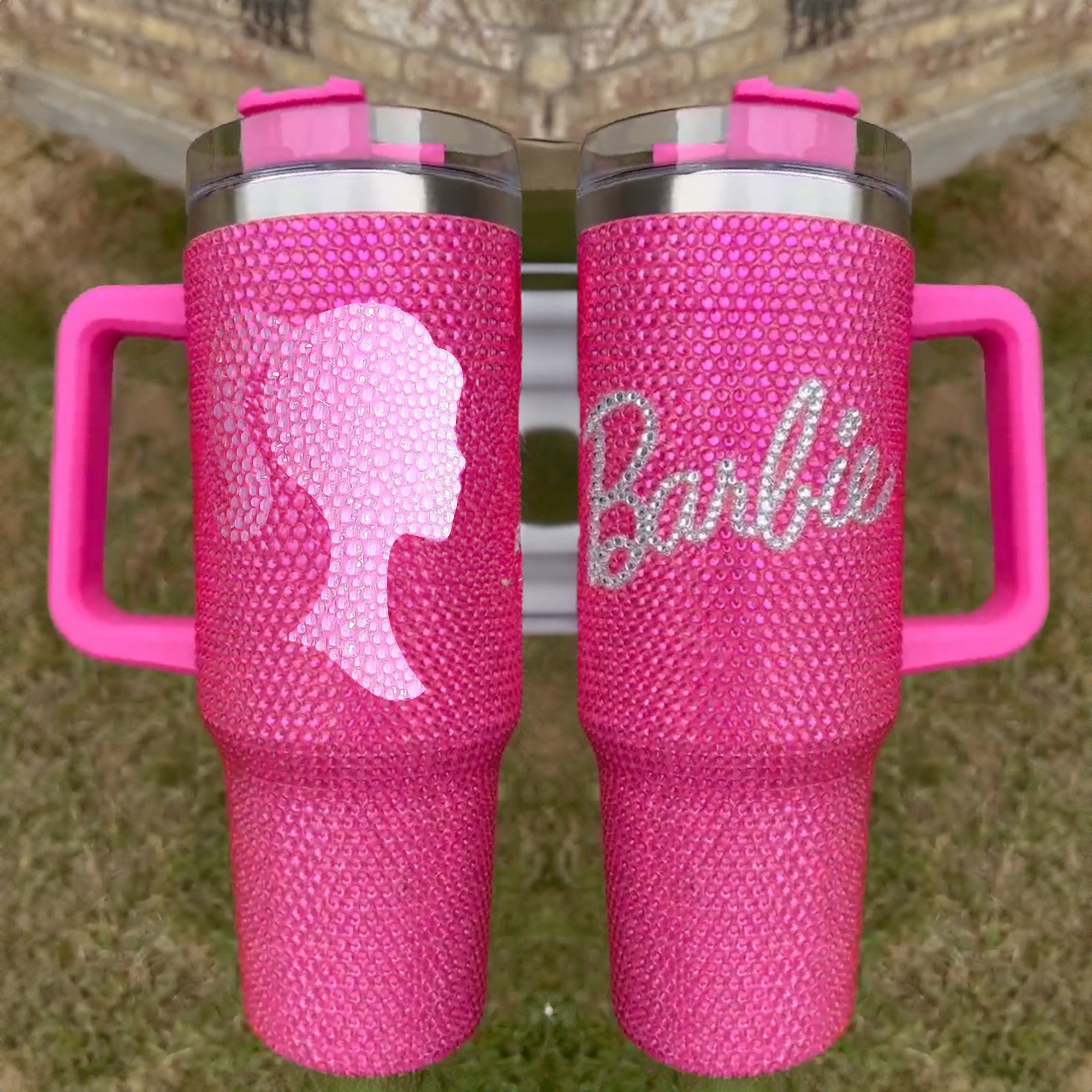 Rhinestone Bling Barbie Doll Cartoon Custom Stanley Quencher 40oz Stainless Steel Tumbler With Handle