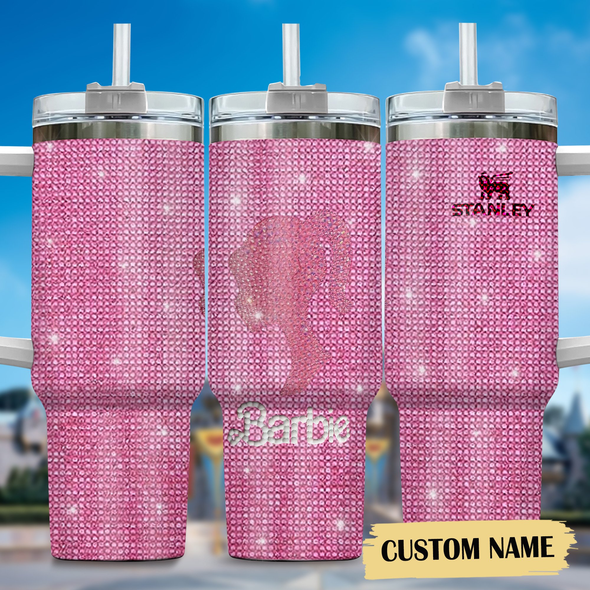 Rhinestone Bling Barbie Doll Cartoon Custom Stanley Quencher 40oz Stainless Steel Tumbler With Handle
