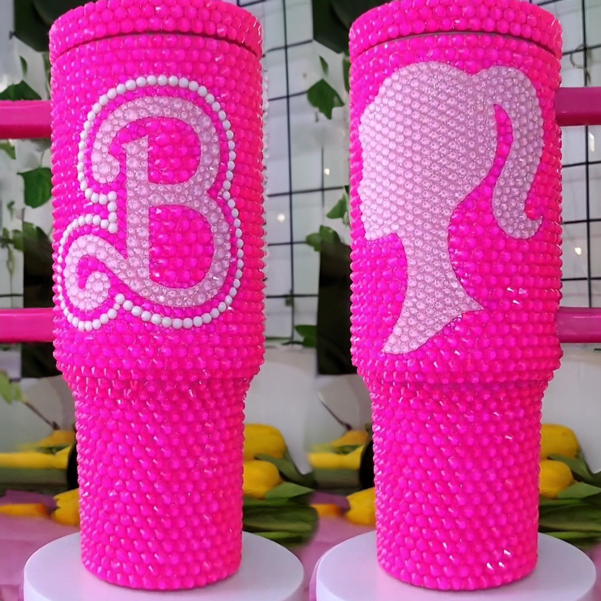 Rhinestone Bling Barbie Doll Cartoon Custom Stanley Quencher 40oz Stainless Steel Tumbler With Handle