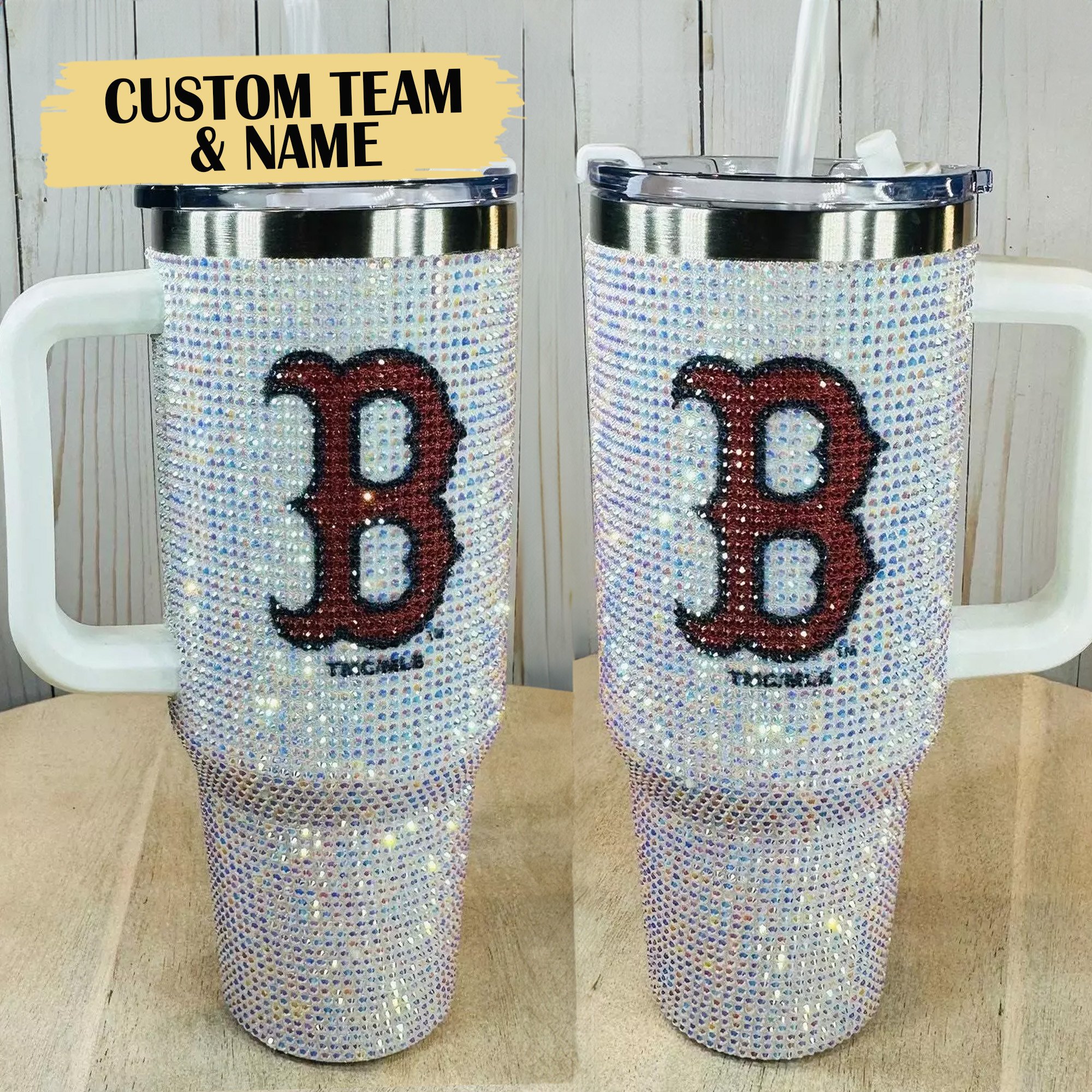 Rhinestone Bling Boston Red Sox MLB Custom Stanley Quencher 40oz Stainless Steel Tumbler With Handle