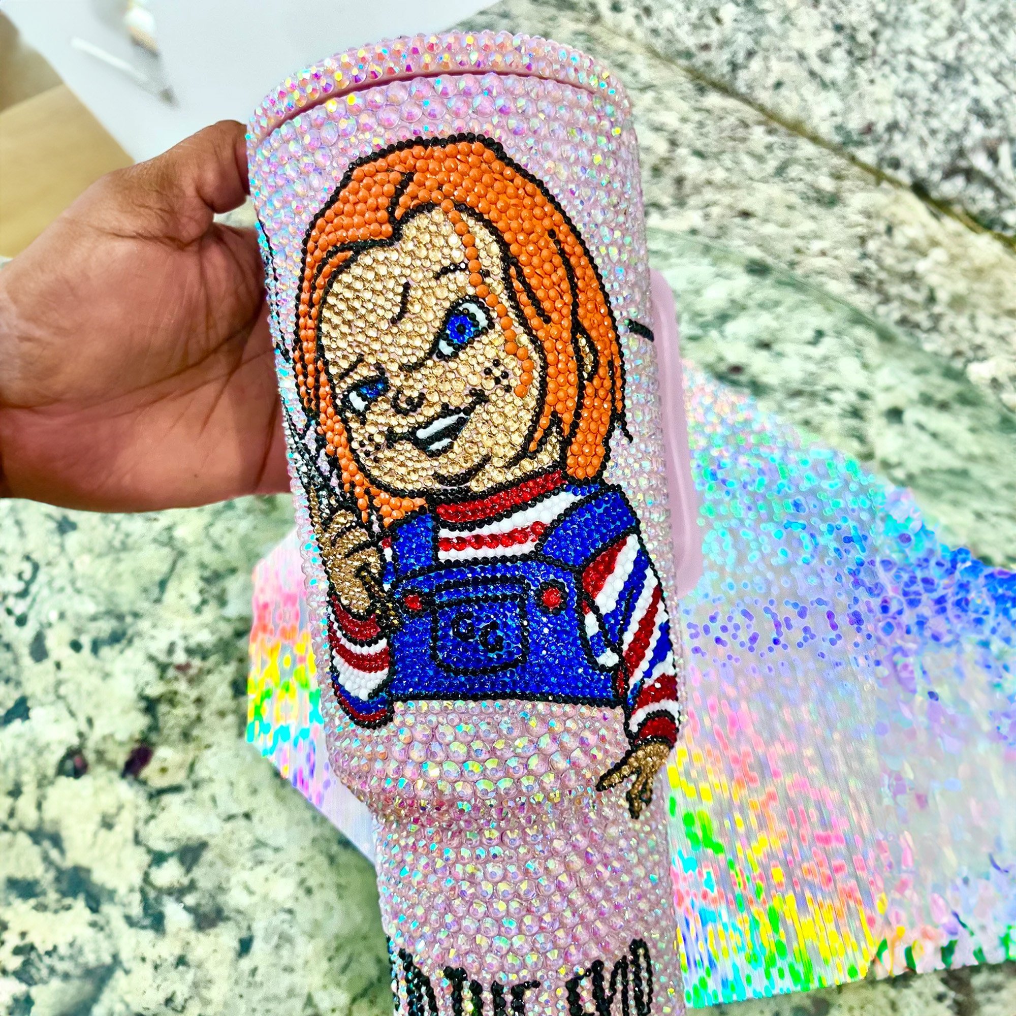 Rhinestone Bling Chucky Halloween Horror Movies Custom Stanley Quencher 40oz Stainless Steel Tumbler With Handle
