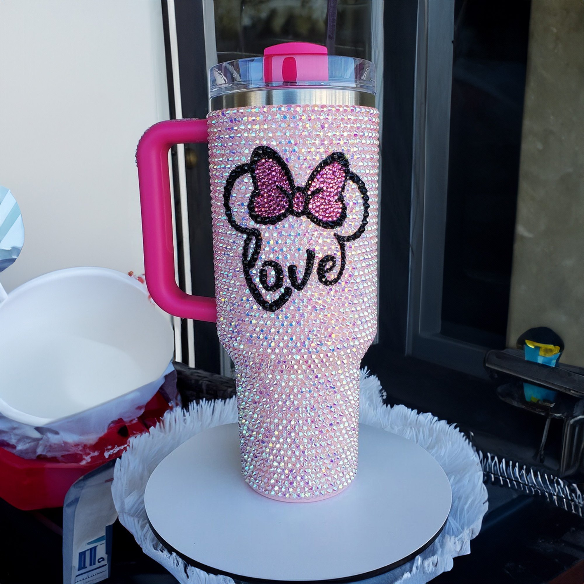 Rhinestone Bling Disney Minnie Mouse Cartoon Custom Stanley Quencher 40oz Stainless Steel Tumbler With Handle