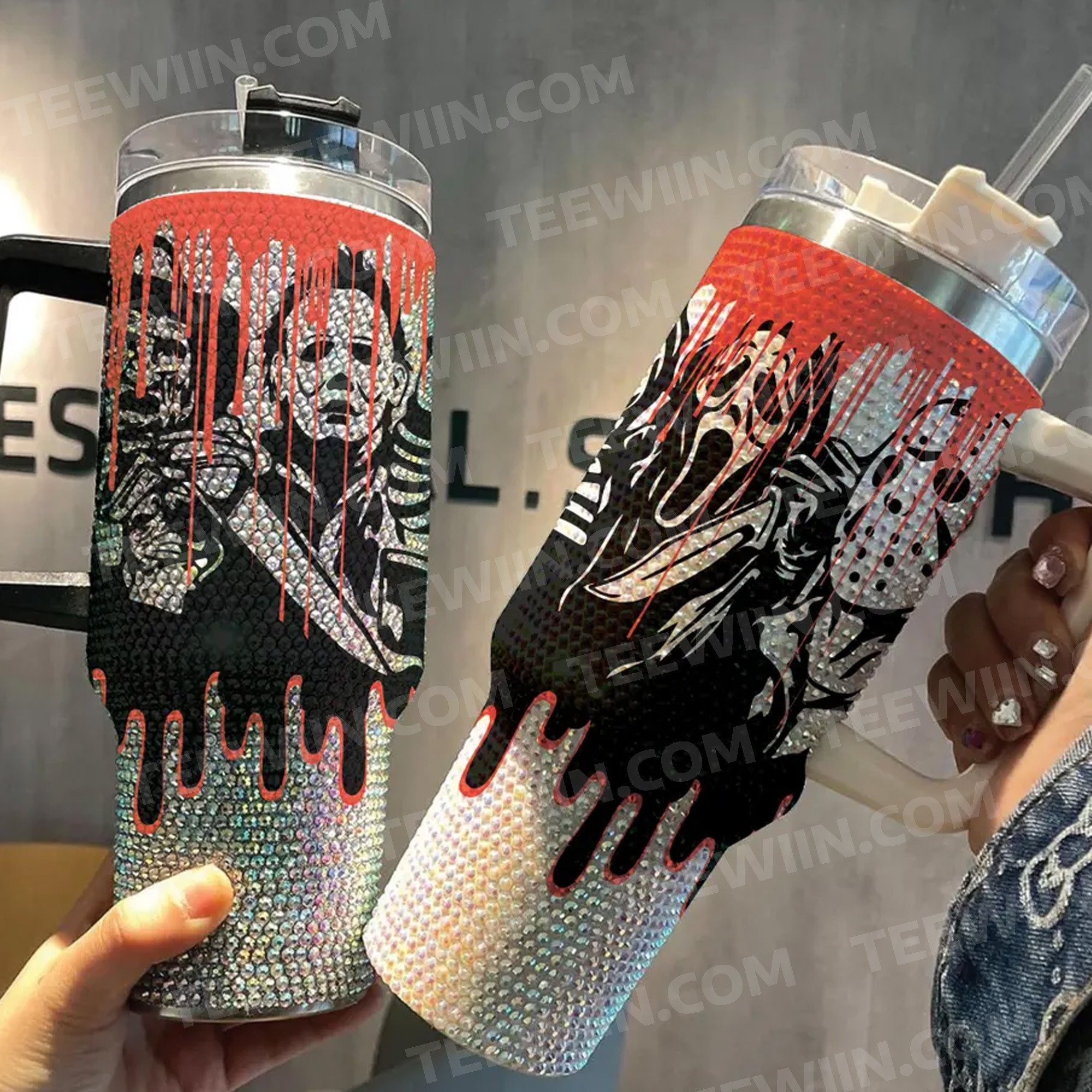 Rhinestone Bling Halloween Horror Characters Movies Custom Stanley Quencher 40oz Stainless Steel Tumbler With Handle