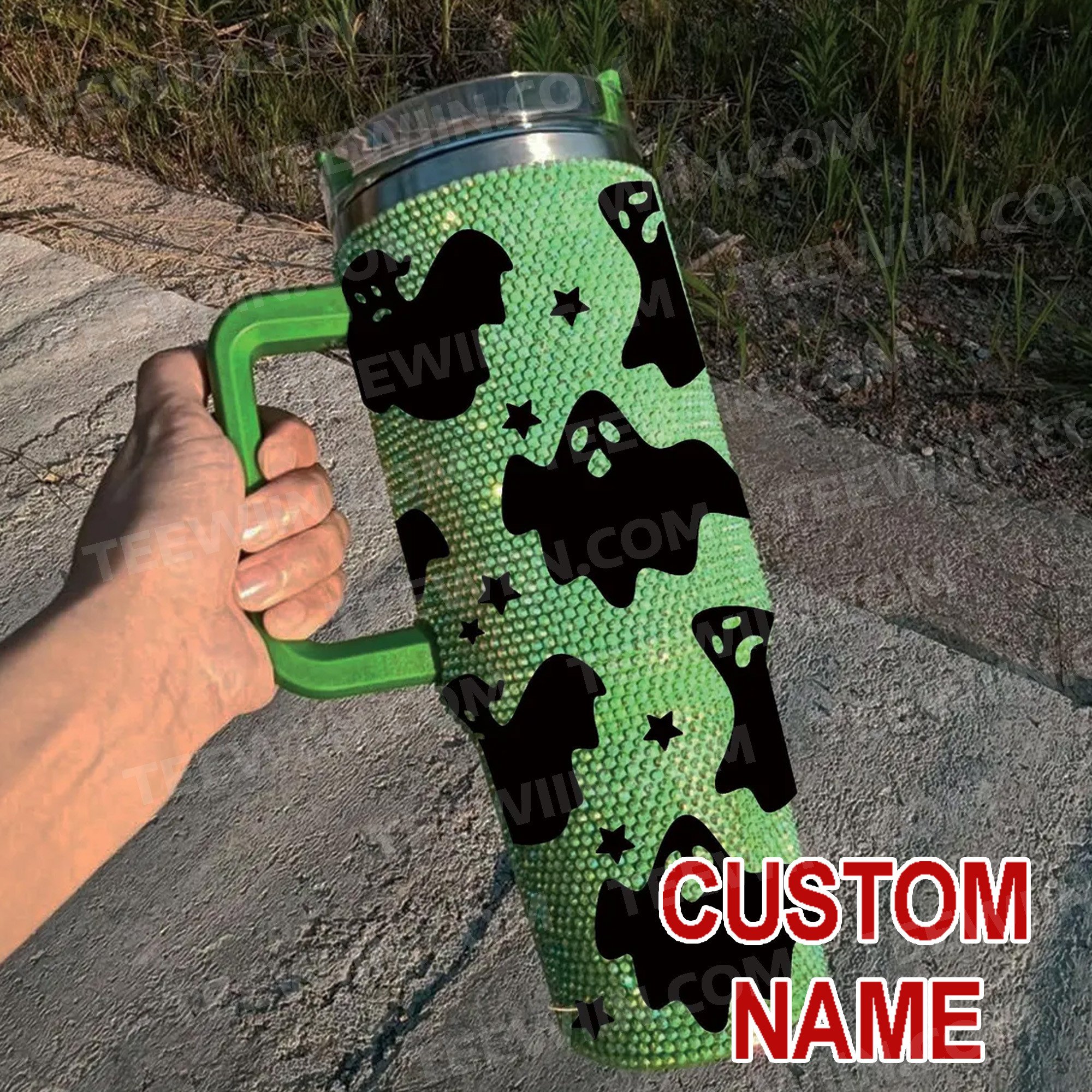 Rhinestone Bling Halloween Spooky Ghost Custom Stanley Quencher 40oz Stainless Steel Tumbler With Handle
