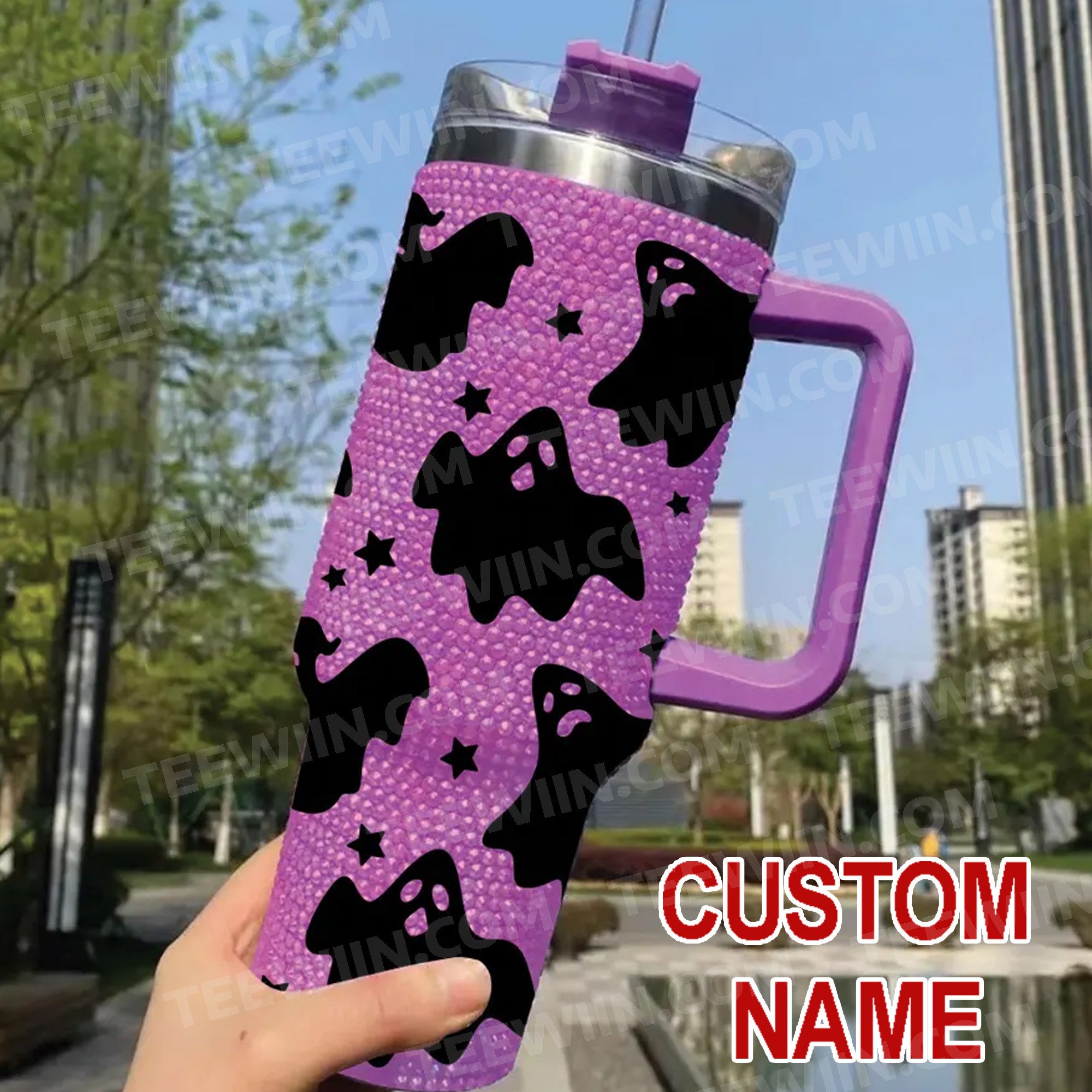 Rhinestone Bling Halloween Spooky Ghost Custom Stanley Quencher 40oz Stainless Steel Tumbler With Handle