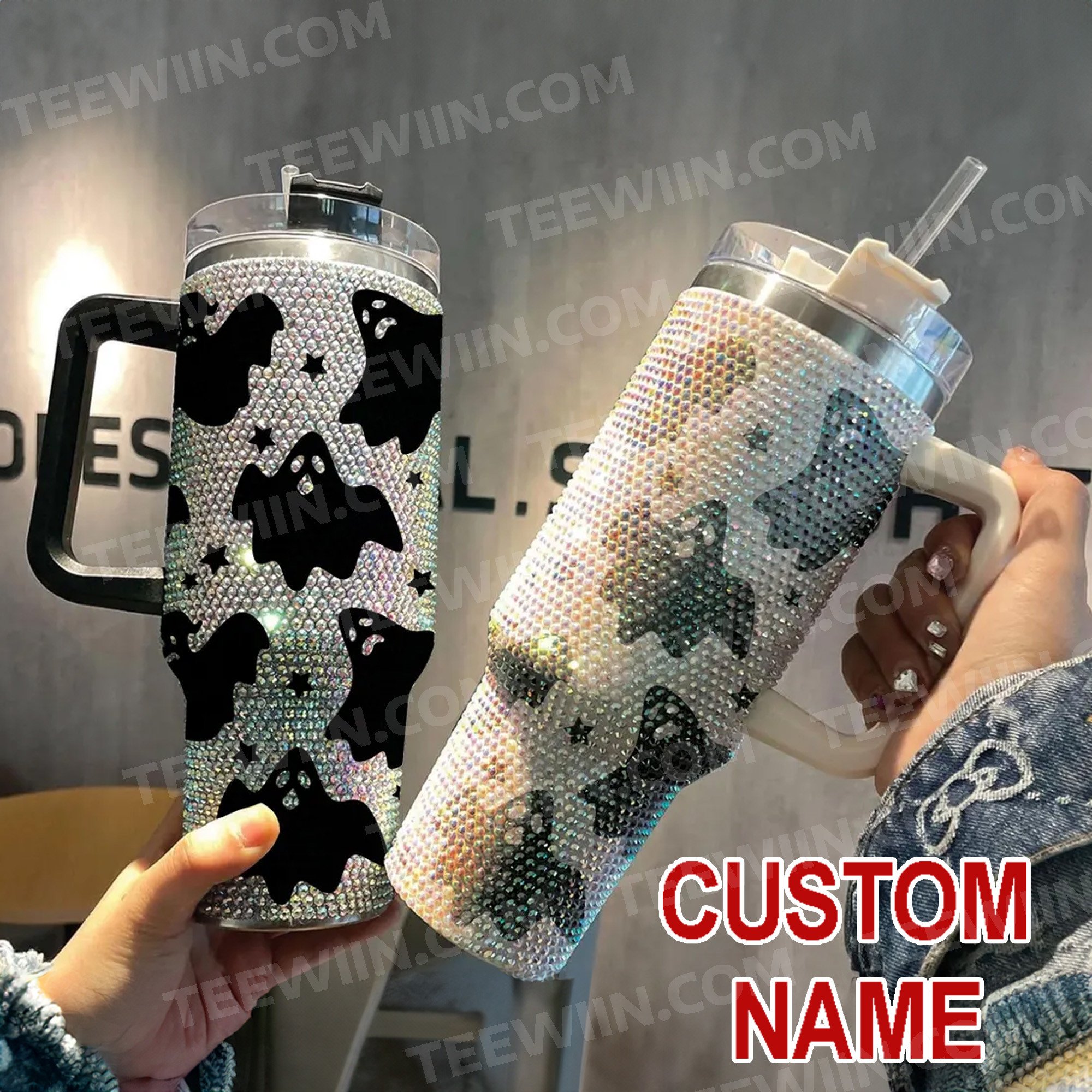 Rhinestone Bling Halloween Spooky Ghost Custom Stanley Quencher 40oz Stainless Steel Tumbler With Handle