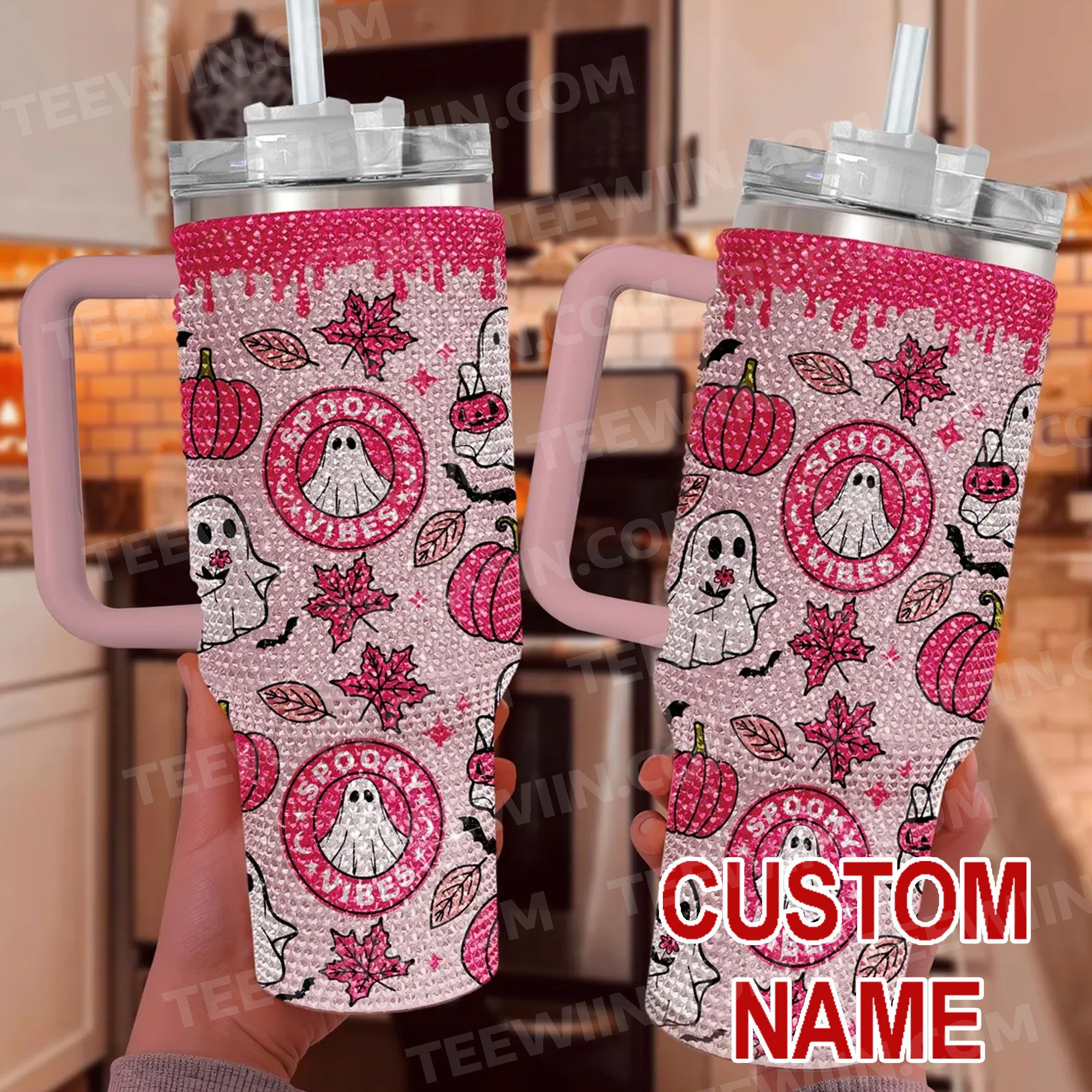 Rhinestone Bling Halloween Spooky Vibe Custom Stanley Quencher 40oz Stainless Steel Tumbler With Handle