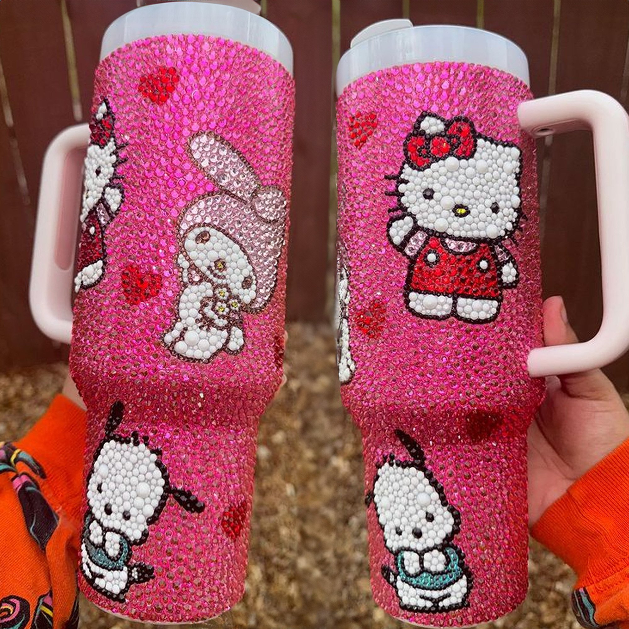 Rhinestone Bling Hello Kitty Cartoon Custom Stanley Quencher 40oz Stainless Steel Tumbler With Handle