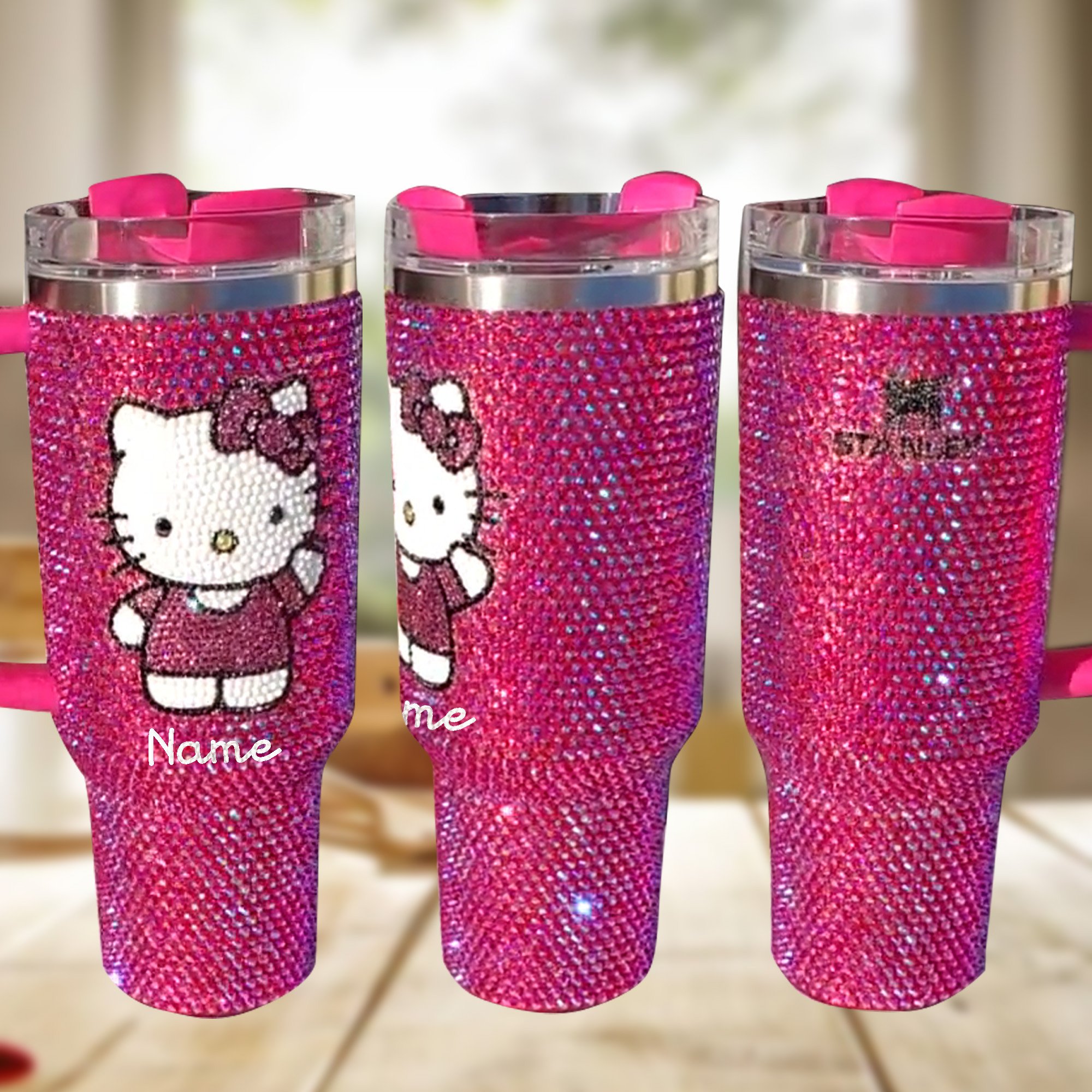 Rhinestone Bling Hello Kitty Cartoon Custom Stanley Quencher 40oz Stainless Steel Tumbler With Handle