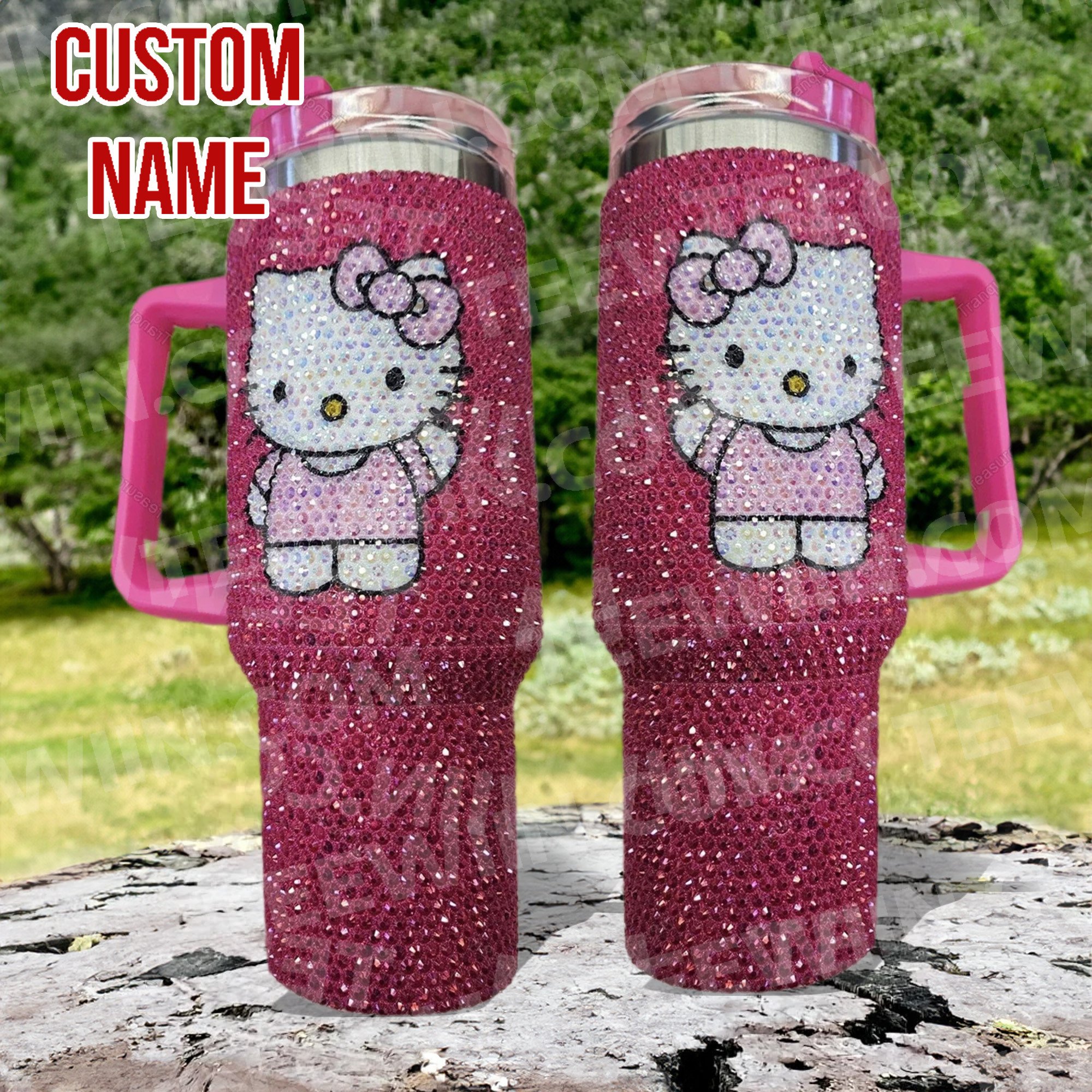 Rhinestone Bling Hello Kitty Cartoon Custom Stanley Quencher 40oz Stainless Steel Tumbler With Handle