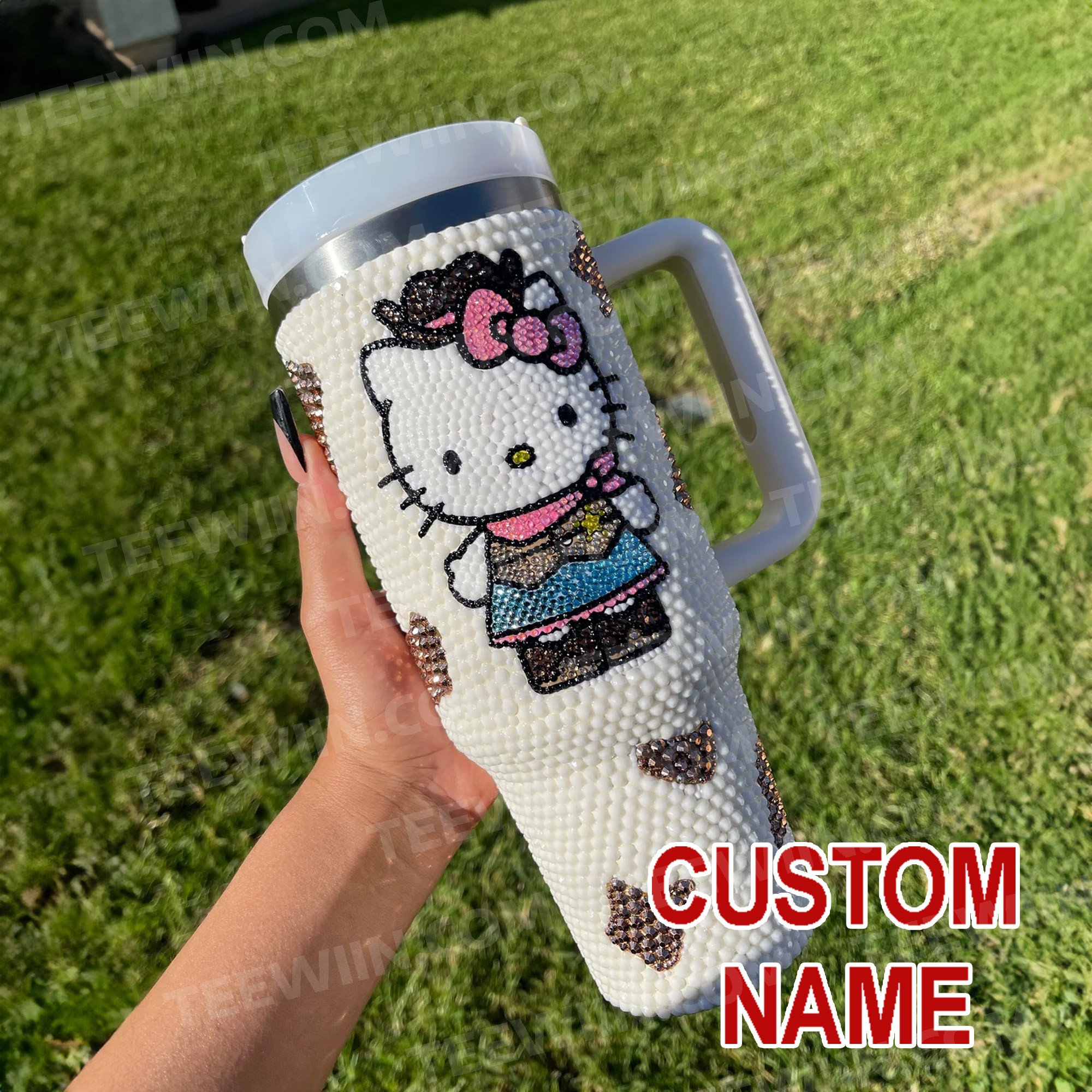 Rhinestone Bling Hello Kitty Cartoon Custom Stanley Quencher 40oz Stainless Steel Tumbler With Handle