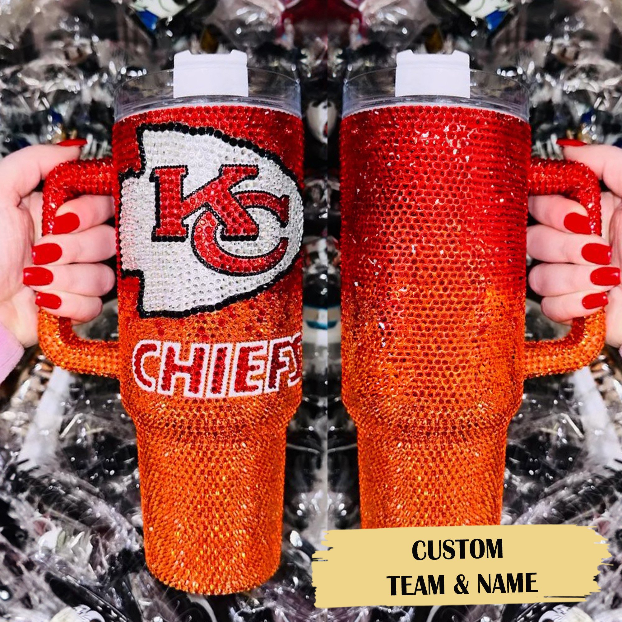 Rhinestone Bling Kansas City Chiefs NFL Custom Stanley Quencher 40oz Stainless Steel Tumbler With Handle