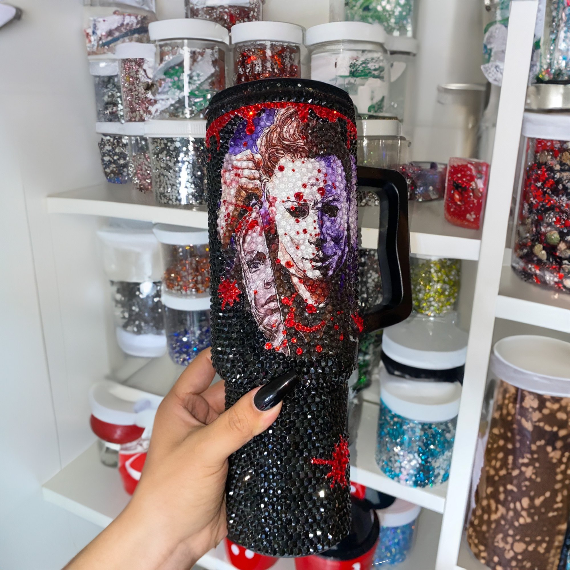 Rhinestone Bling Michael Myers Horror Movies Custom Stanley Quencher 40oz Stainless Steel Tumbler With Handle