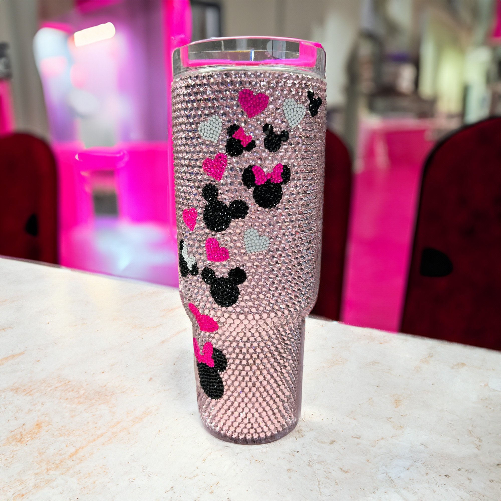 Rhinestone Bling Mickey And Minnie Mouse Cartoon Custom Stanley Quencher 40oz Stainless Steel Tumbler With Handle