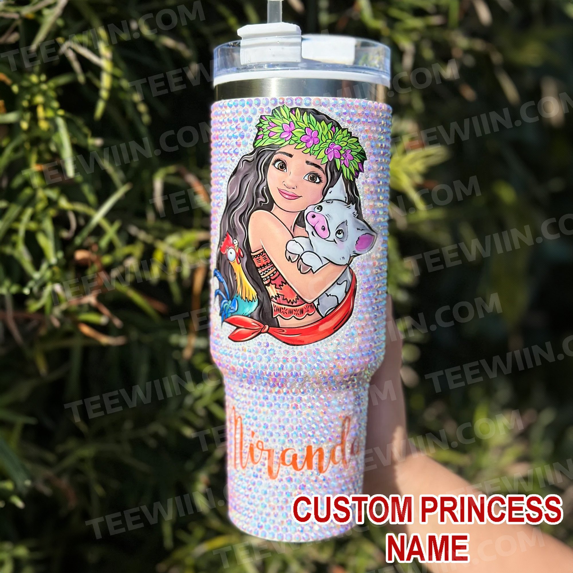 Rhinestone Bling Moana Disney Princess Cartoon Custom Stanley Quencher 40oz Stainless Steel Tumbler With Handle
