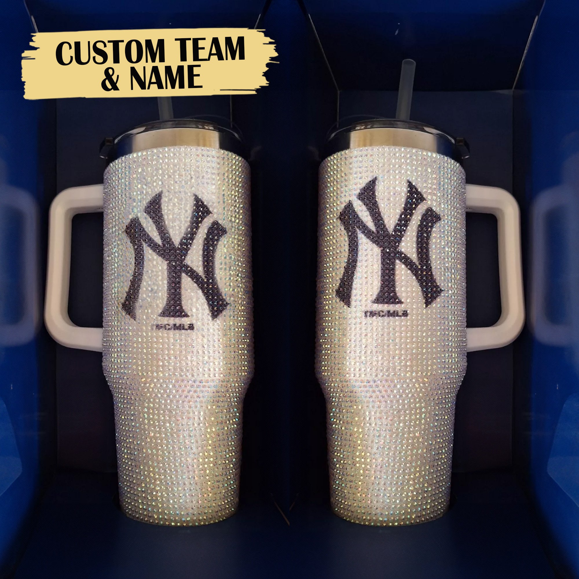 Rhinestone Bling New York Yankees MLB Custom Stanley Quencher 40oz Stainless Steel Tumbler With Handle