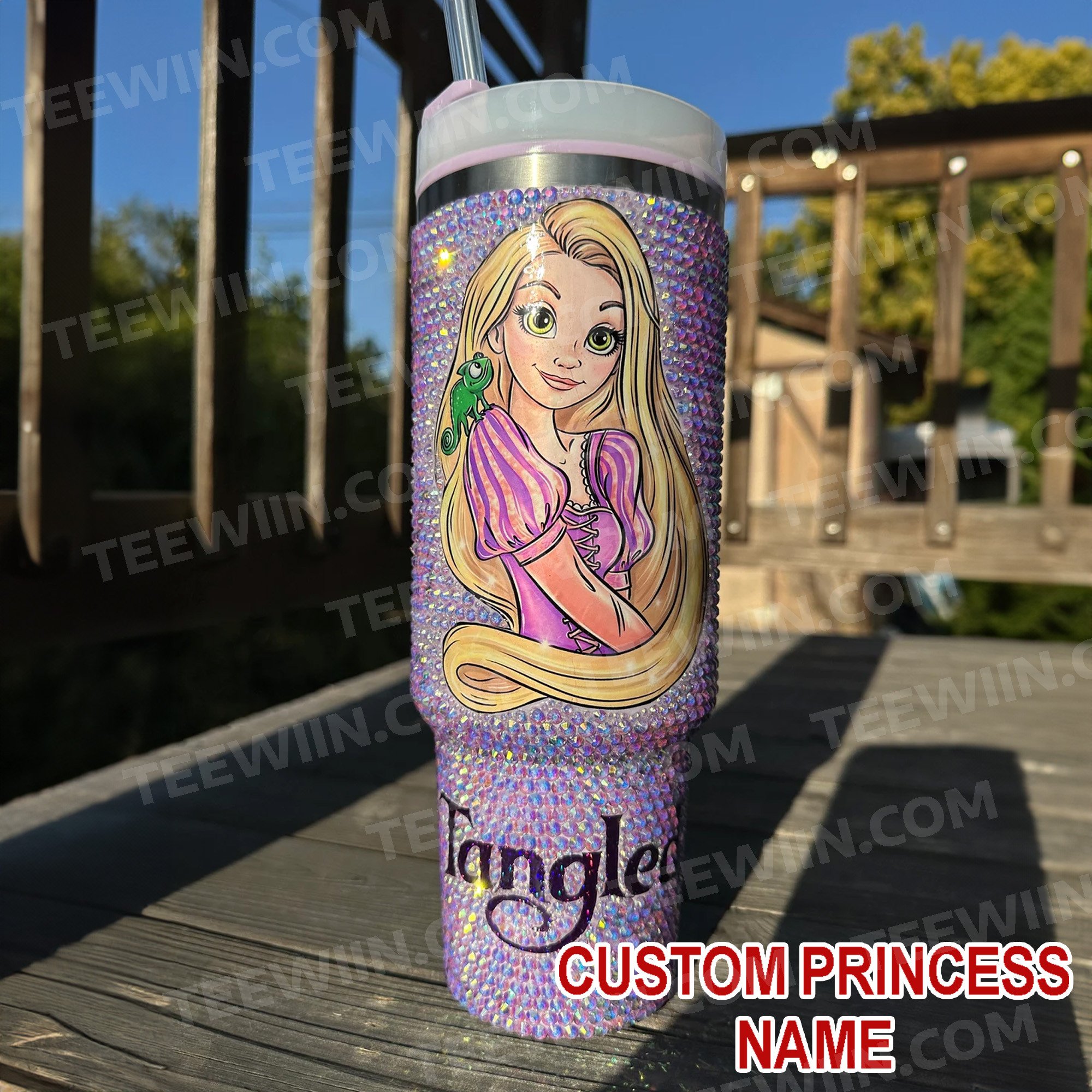 Rhinestone Bling Rapunzel Disney Princess Cartoon Custom Stanley Quencher 40oz Stainless Steel Tumbler With Handle
