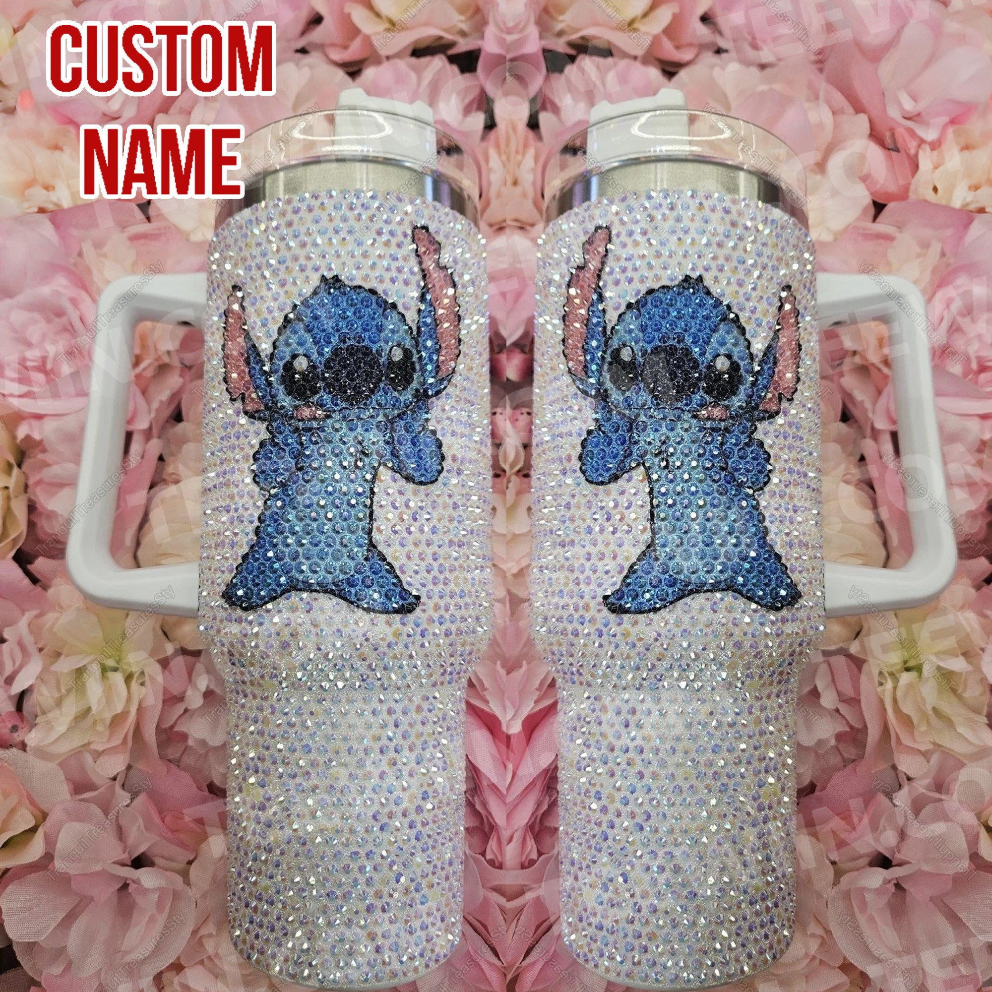 Rhinestone Bling Stitch Cartoon Custom Stanley Quencher 40oz Stainless Steel Tumbler With Handle