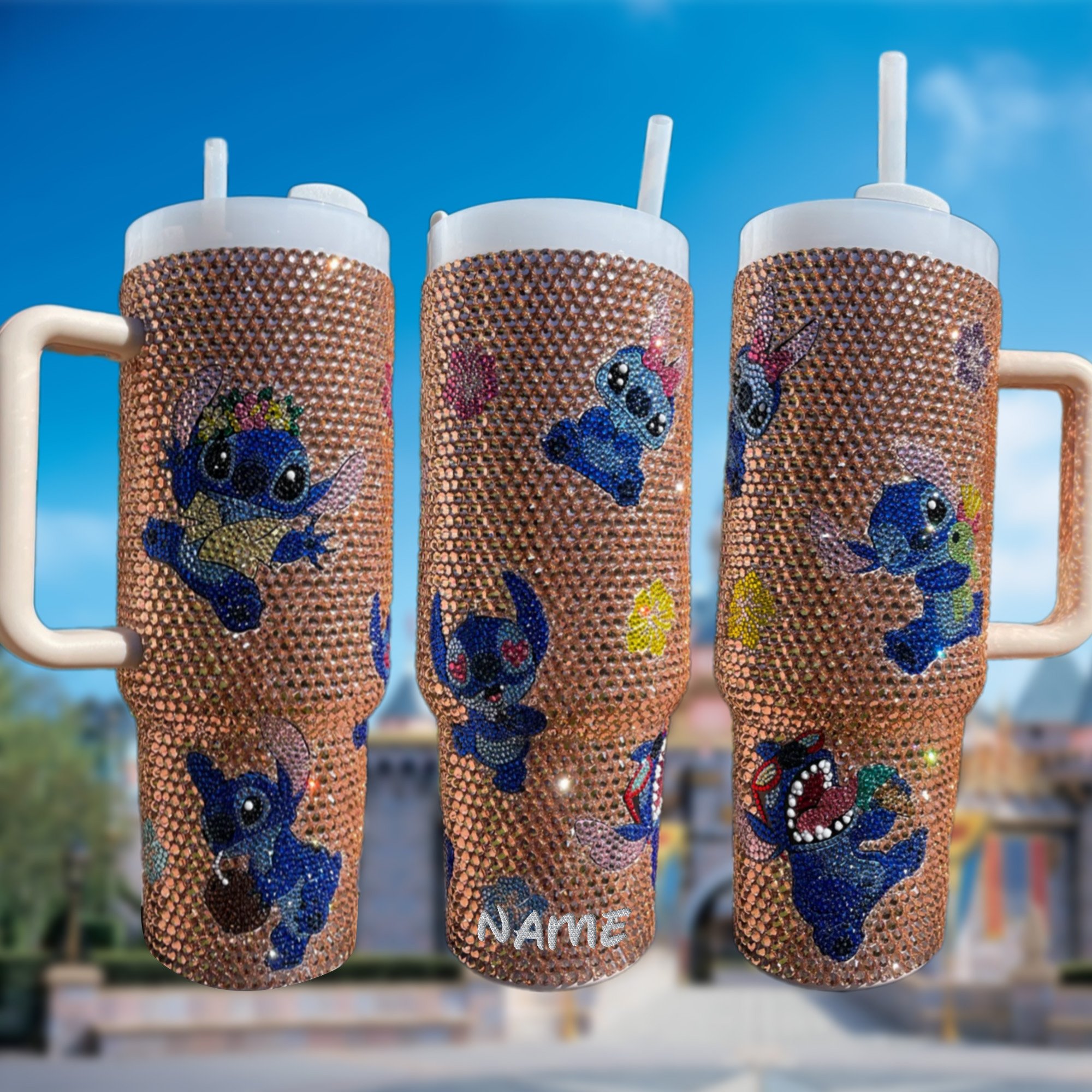 Rhinestone Bling Stitch Cartoon Custom Stanley Quencher 40oz Stainless Steel Tumbler With Handle