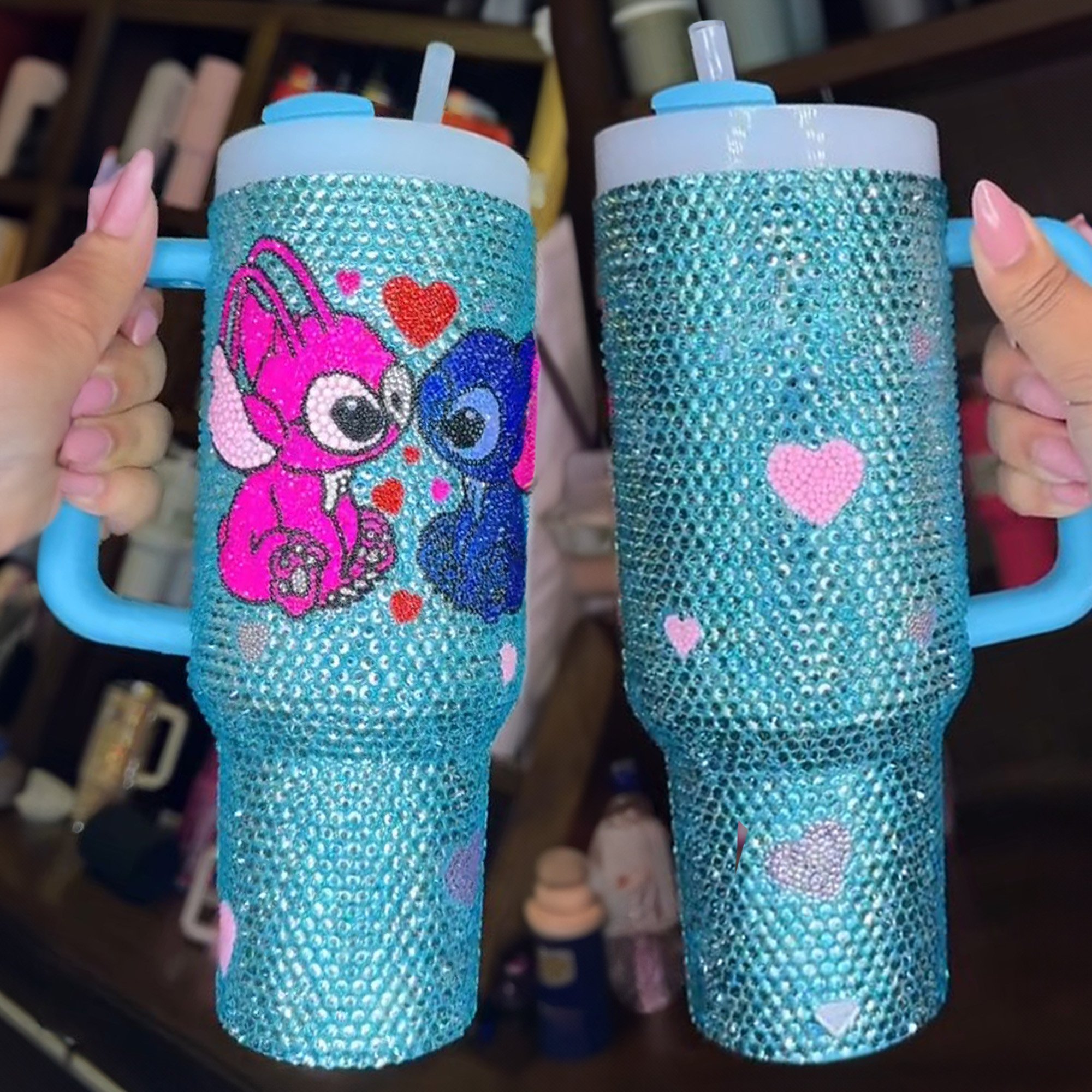 Rhinestone Bling Stitch Couple Cartoon Custom Stanley Quencher 40oz Stainless Steel Tumbler With Handle