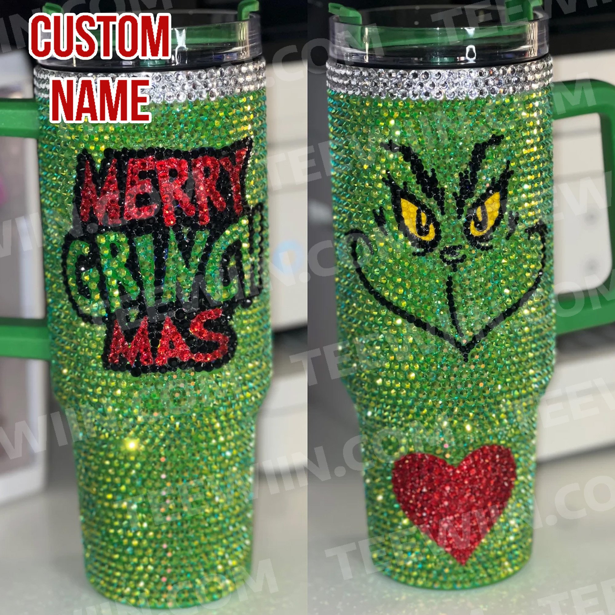 Rhinestone Bling The Grinch Christmas Cartoon Custom Stanley Quencher 40oz Stainless Steel Tumbler With Handle