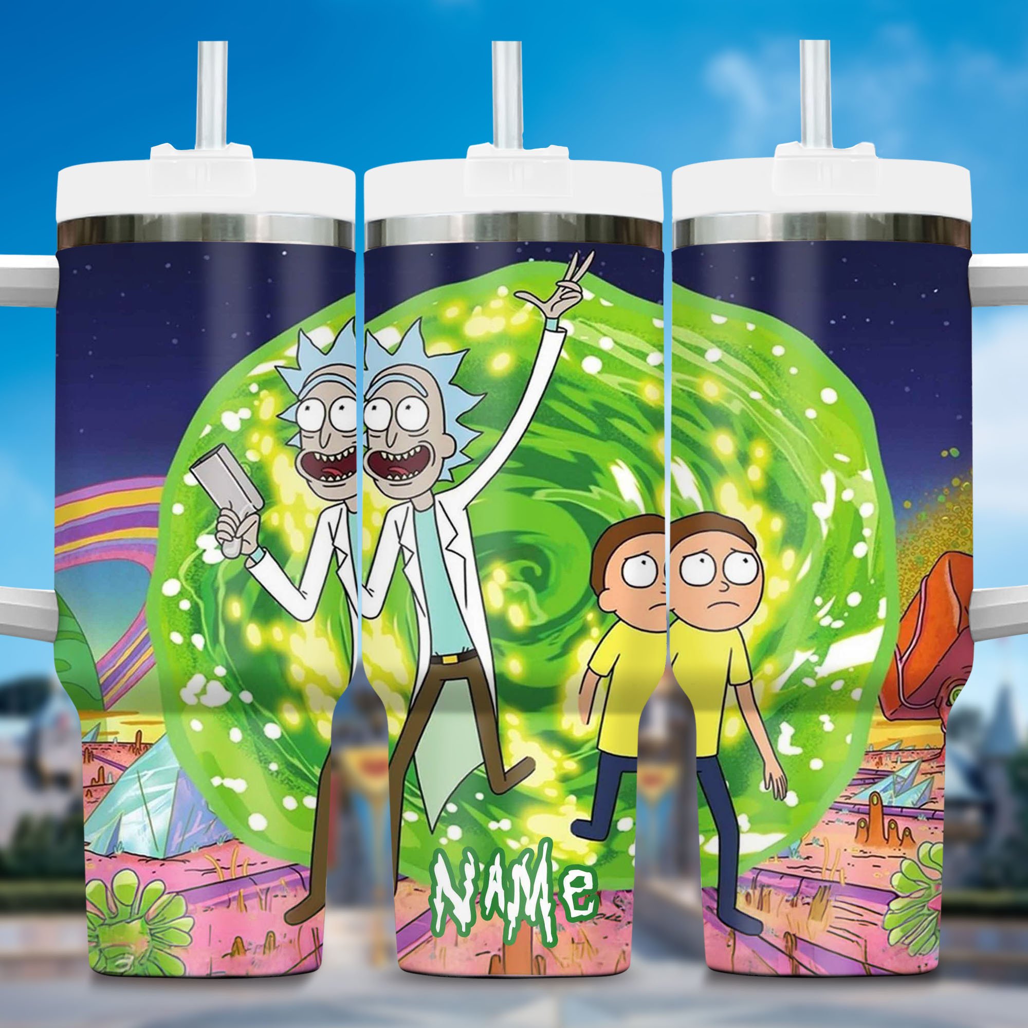 Rick and Morty Cartoon Custom Stanley Quencher 40oz Stainless Steel Tumbler With Handle