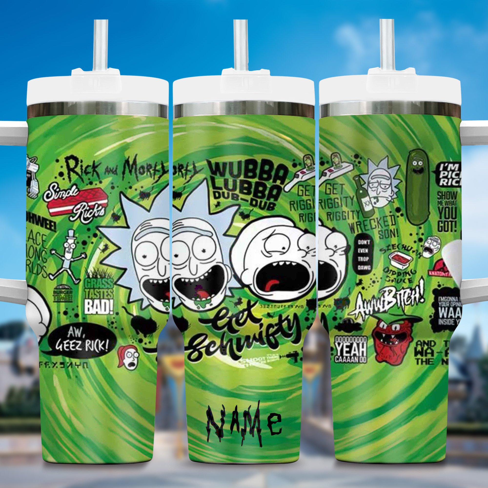 Rick and Morty Cartoon Custom Stanley Quencher 40oz Stainless Steel Tumbler With Handle