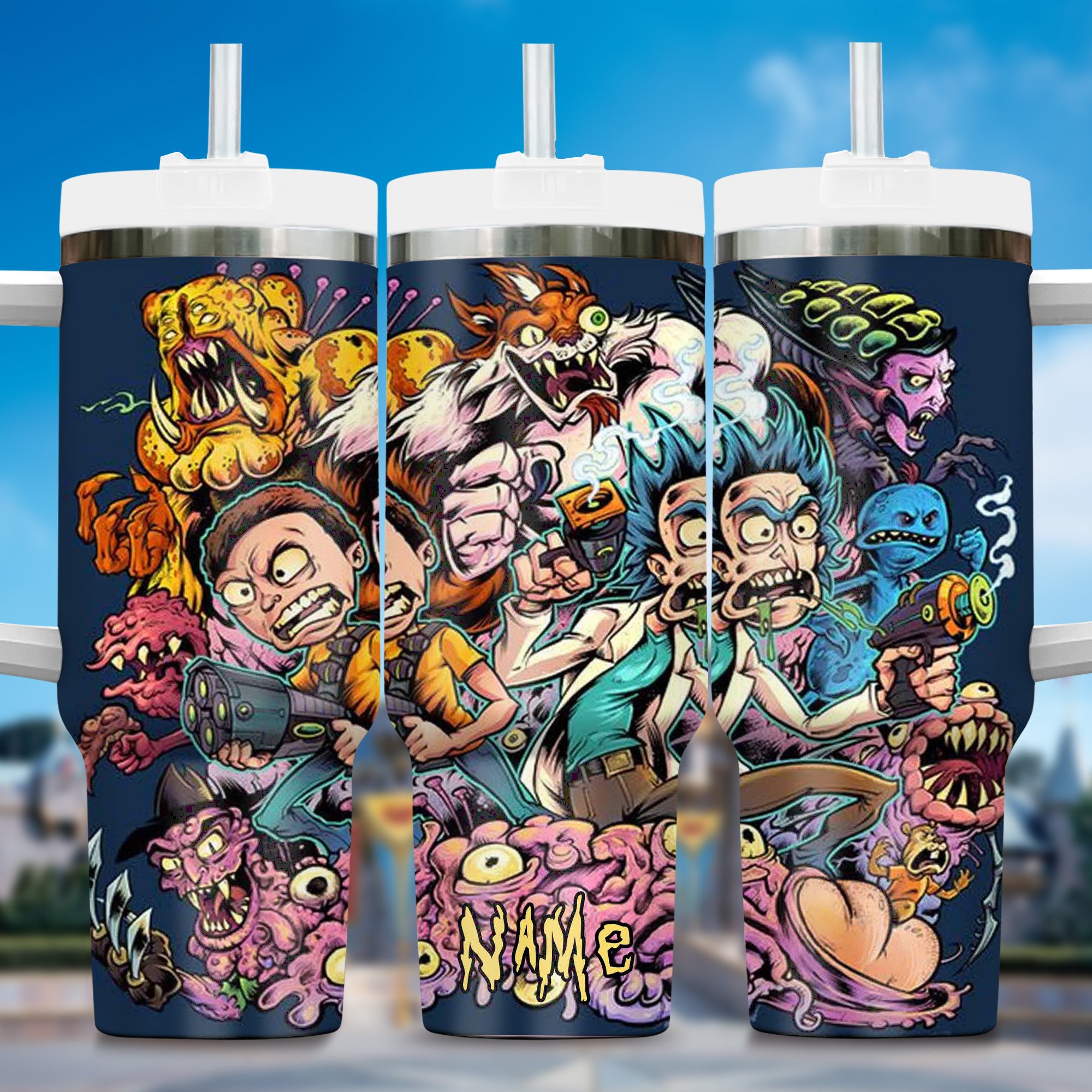 Rick and Morty Cartoon Custom Stanley Quencher 40oz Stainless Steel Tumbler With Handle