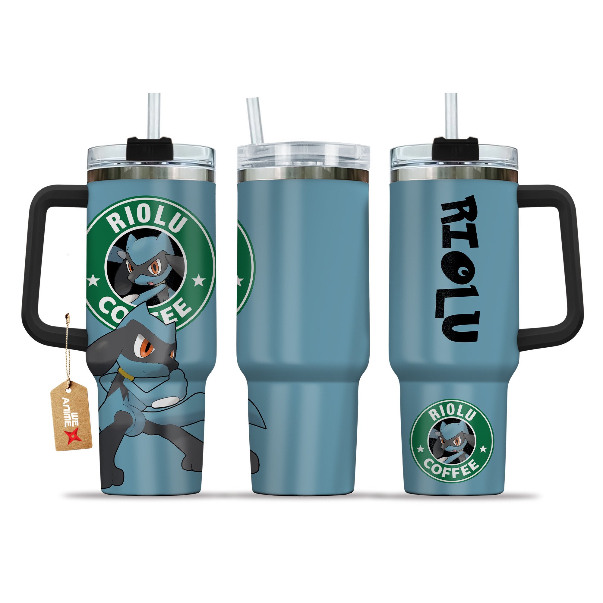 Riolu Coffee Pokemon Anime Custom Stanley Quencher 40oz Stainless Steel Tumbler With Handle
