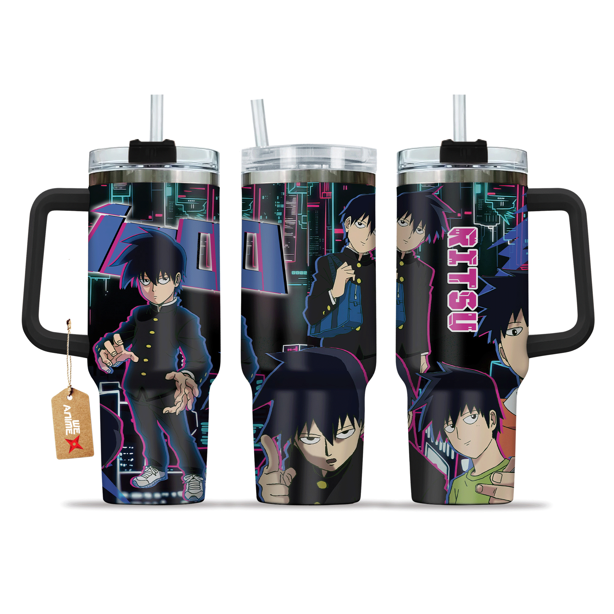 Ritsu Kageyama Mob Psycho 100 Anime Custom Stanley Quencher 40oz Stainless Steel Tumbler With Handle