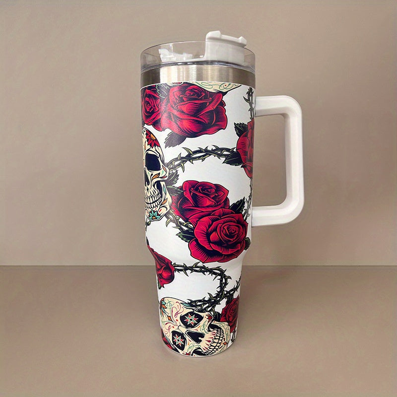 Rose Flower Custom Stanley Quencher 40oz Stainless Steel Tumbler With Handle