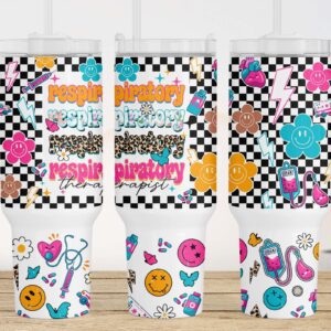 RT Respiratory Therapist Retro Checkered Smiley Face Custom Stanley Quencher 40oz Stainless Steel Tumbler With Handle