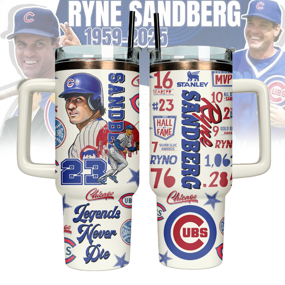 Ryne Sandberg x Chicago Cubs Custom Stanley Quencher 40oz Stainless Steel Tumbler With Handle