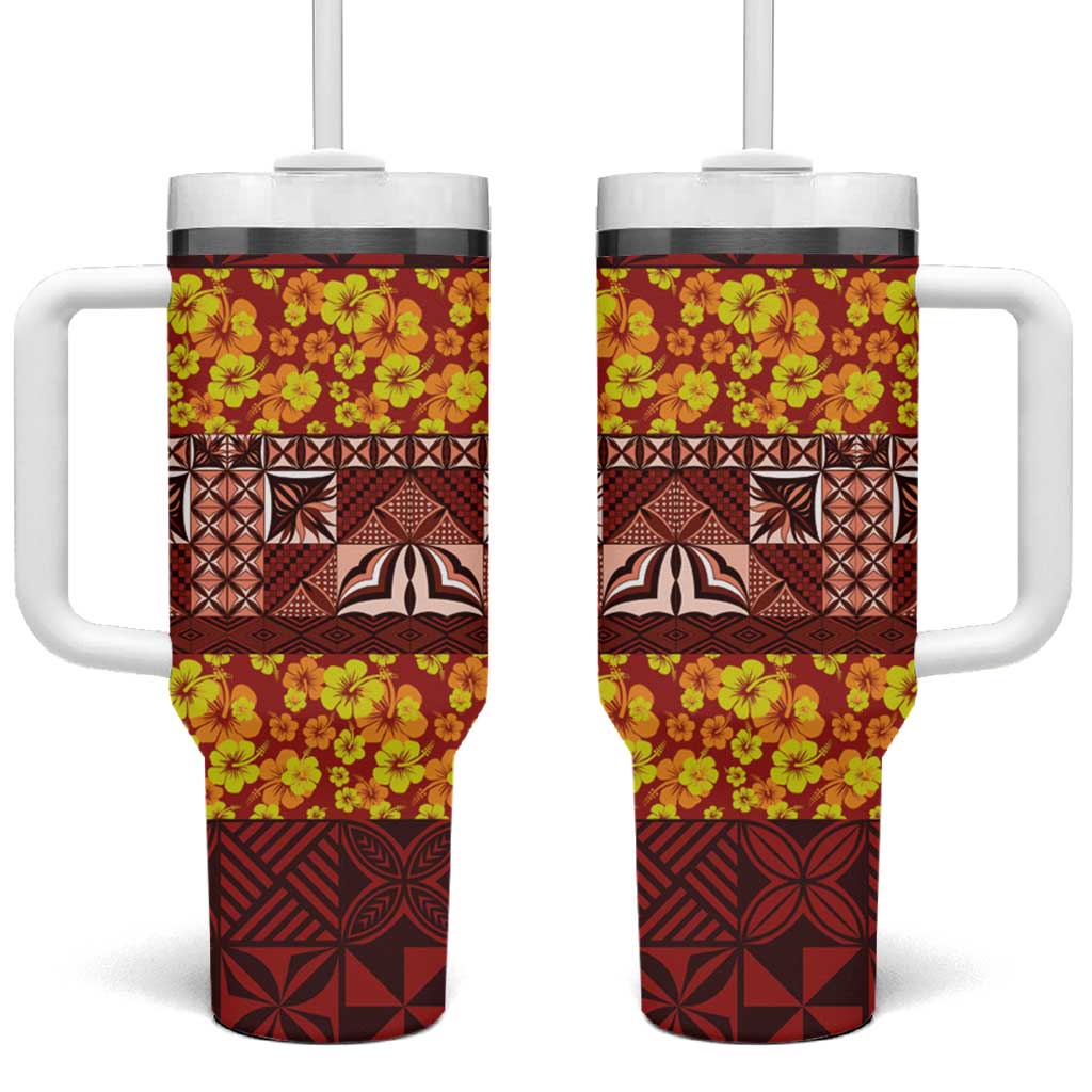 Samoa Siapo and Tapa Pacific Tribal with Hibiscus Striped Custom Stanley Quencher 40oz Stainless Steel Tumbler With Handle