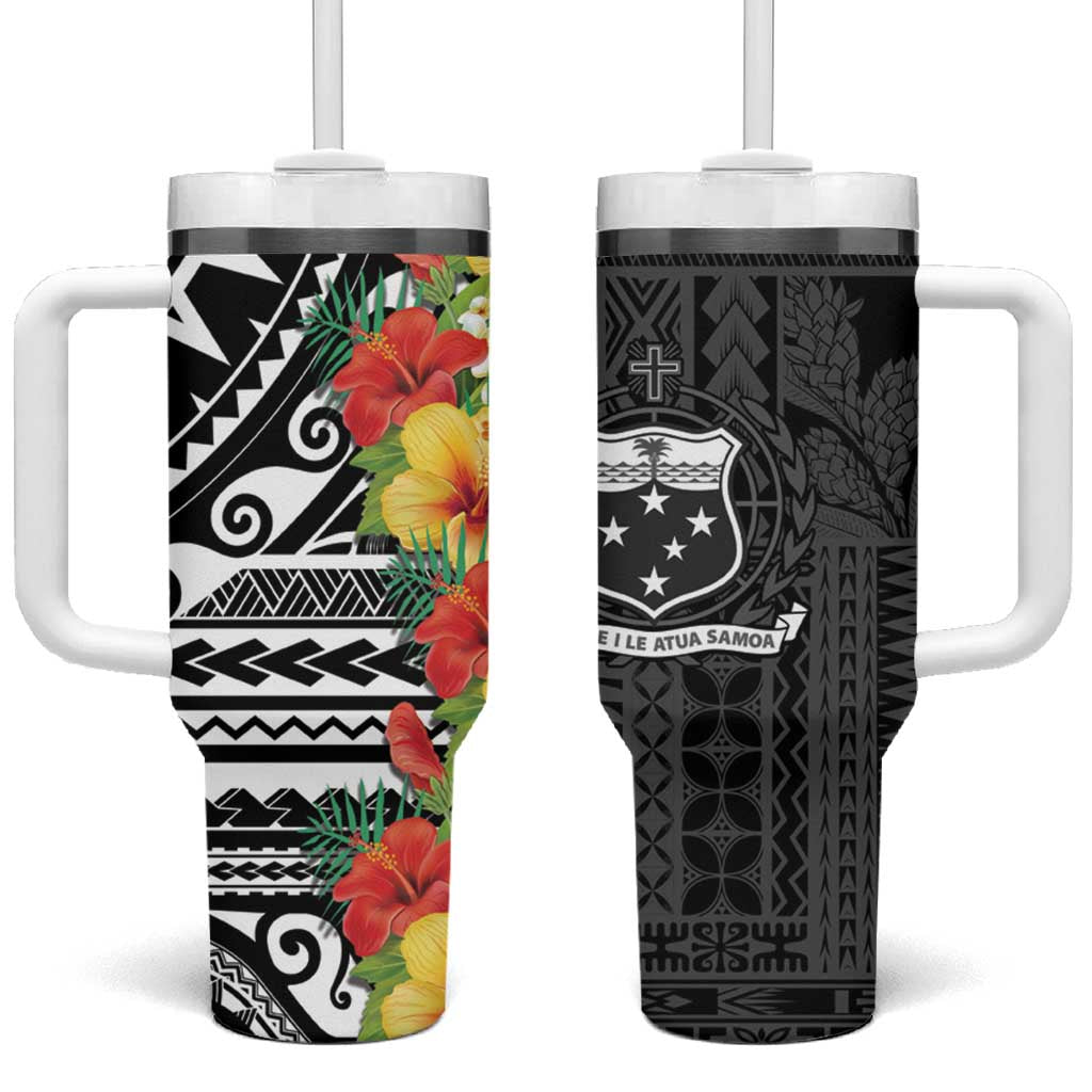 Samoa Tribal Hibiscus Flowers Custom Stanley Quencher 40oz Stainless Steel Tumbler With Handle