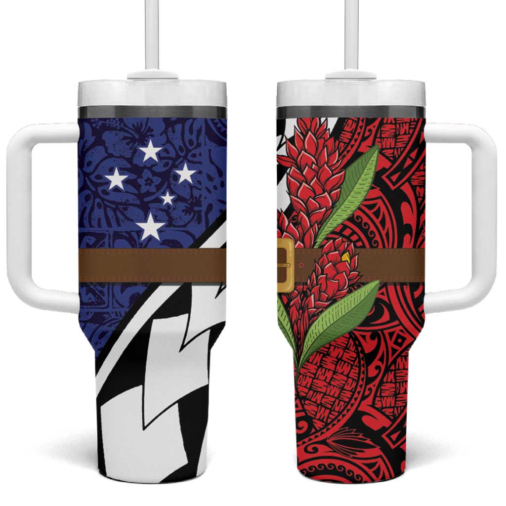 Samoan Ula Fala Flowers Christmas Santa Belt Custom Stanley Quencher 40oz Stainless Steel Tumbler With Handle
