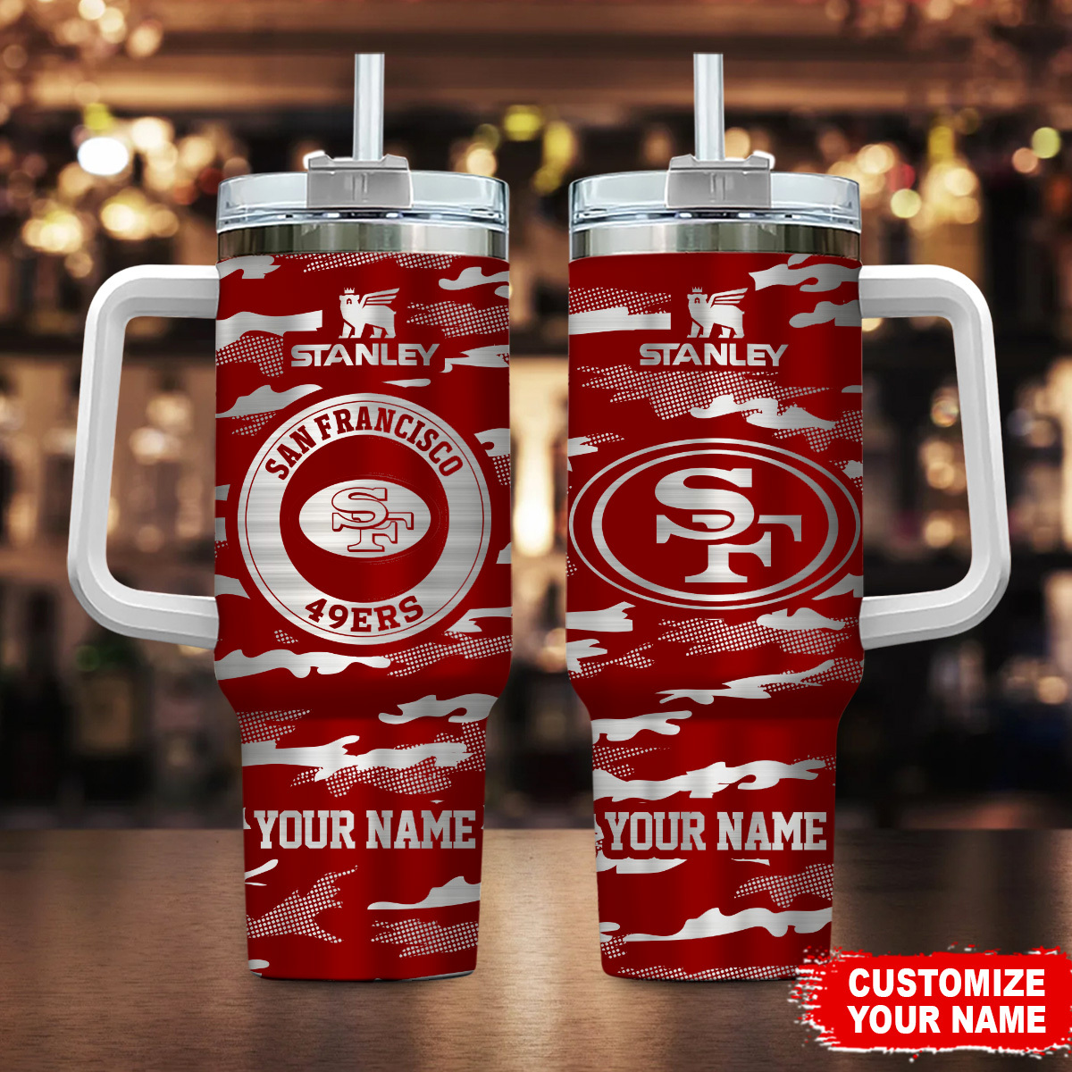San Francisco 49ers NFL Camo Pattern Custom Stanley Quencher 40oz Stainless Steel Tumbler With Handle