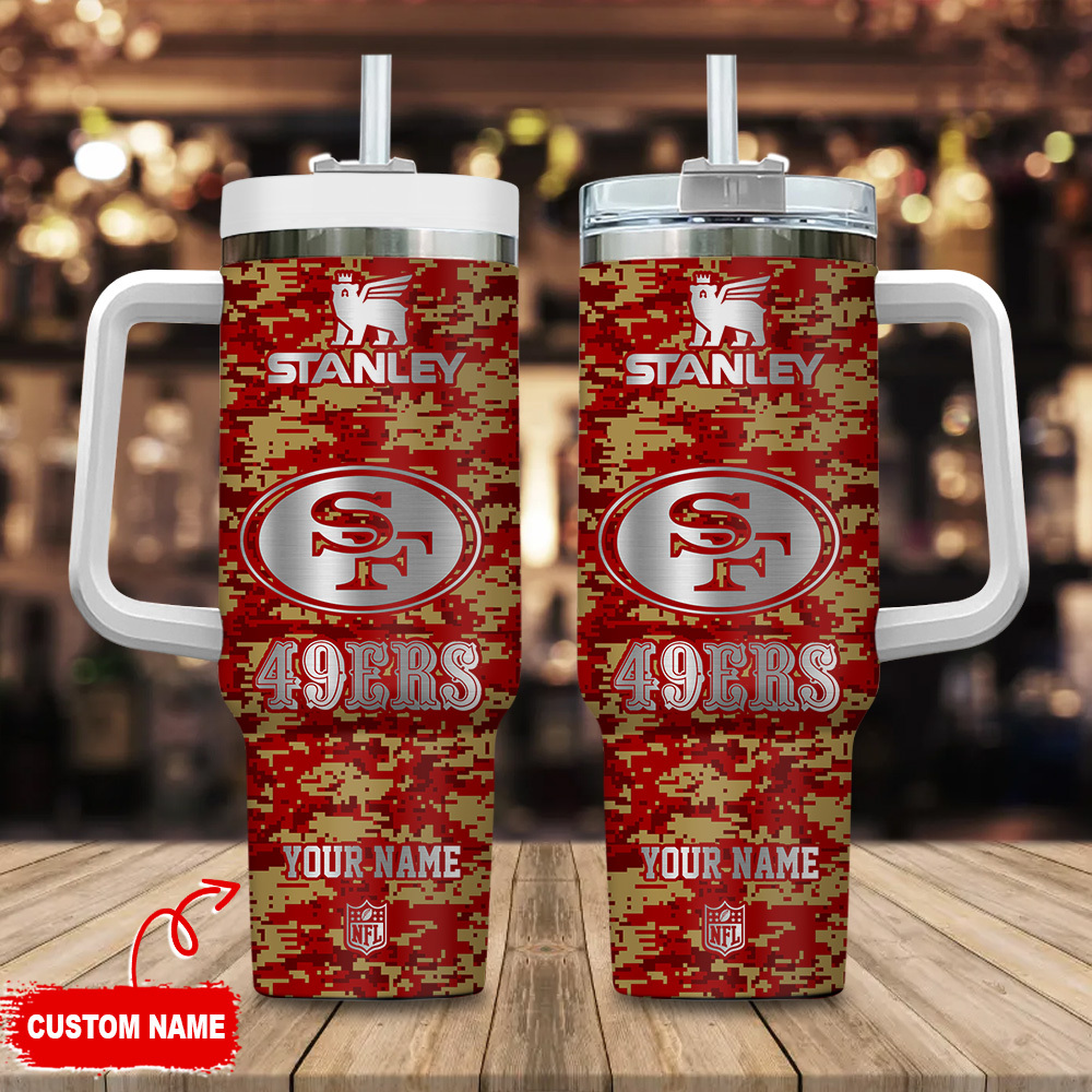 San Francisco 49ers NFL Camouflage Silver Logo Custom Stanley Quencher 40oz Stainless Steel Tumbler With Handle
