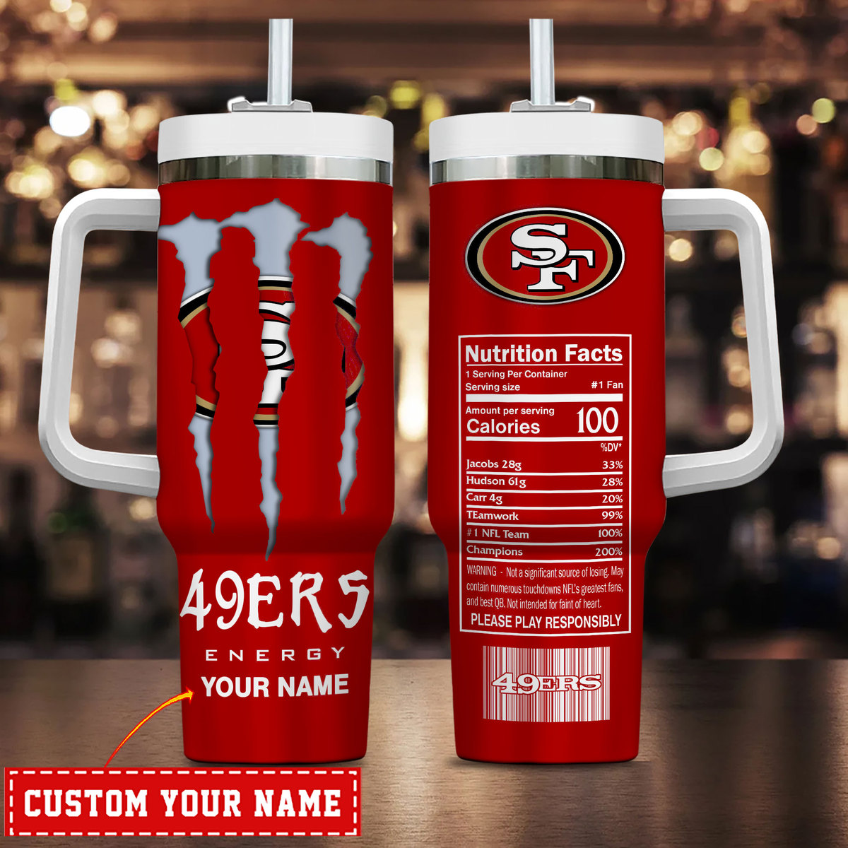San Francisco 49ers NFL Energy Nutrition Facts Custom Stanley Quencher 40oz Stainless Steel Tumbler With Handle