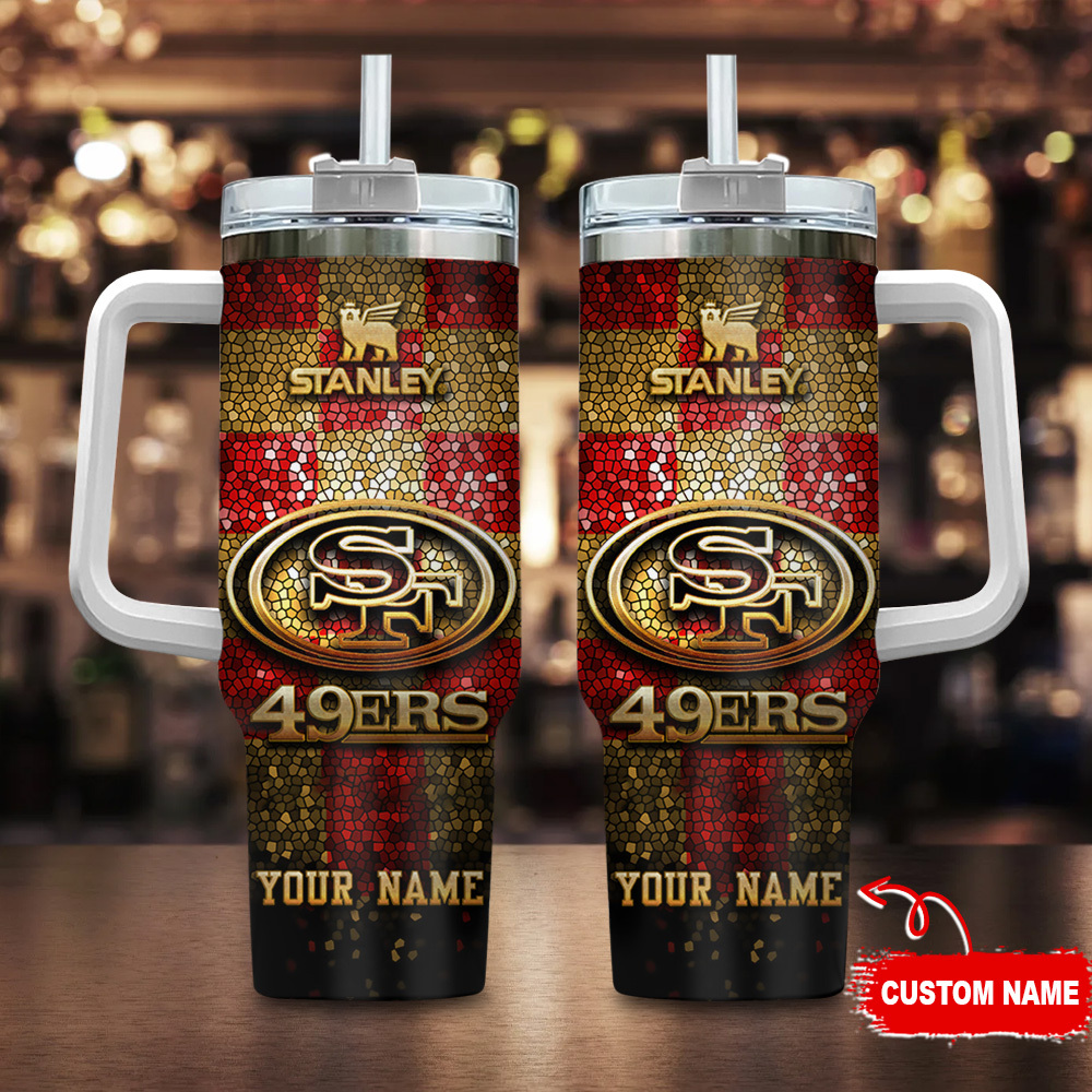 San Francisco 49ers NFL Glitter Golden Logo Custom Stanley Quencher 40oz Stainless Steel Tumbler With Handle