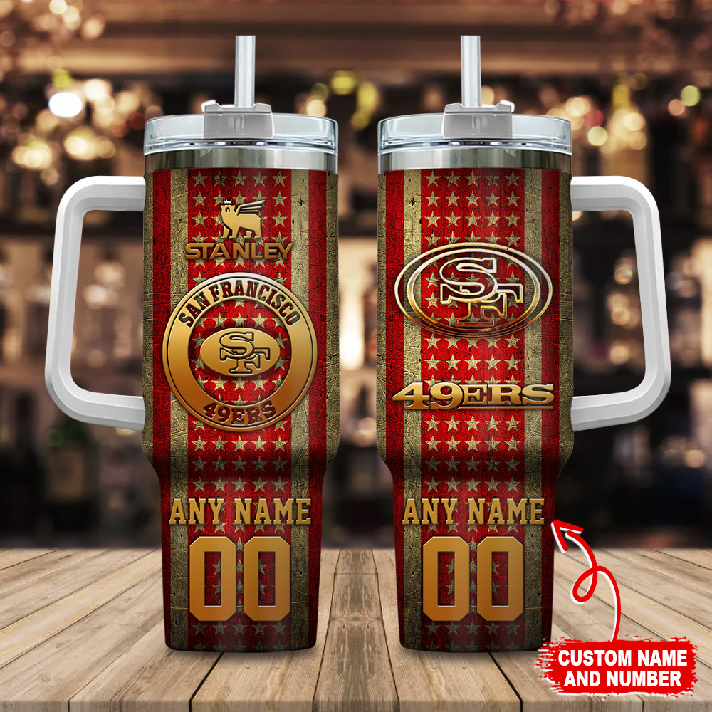 San Francisco 49ers NFL Golden Logos US Flag Custom Stanley Quencher 40oz Stainless Steel Tumbler With Handle
